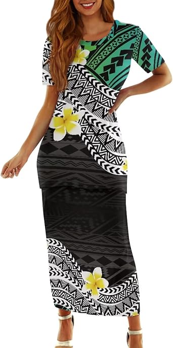 Puletasi Samoan Traditional Maxi Skirt Sets Polynesian Tribal Tapa Totem Women Island Short Sleeves Set Maxi Dress