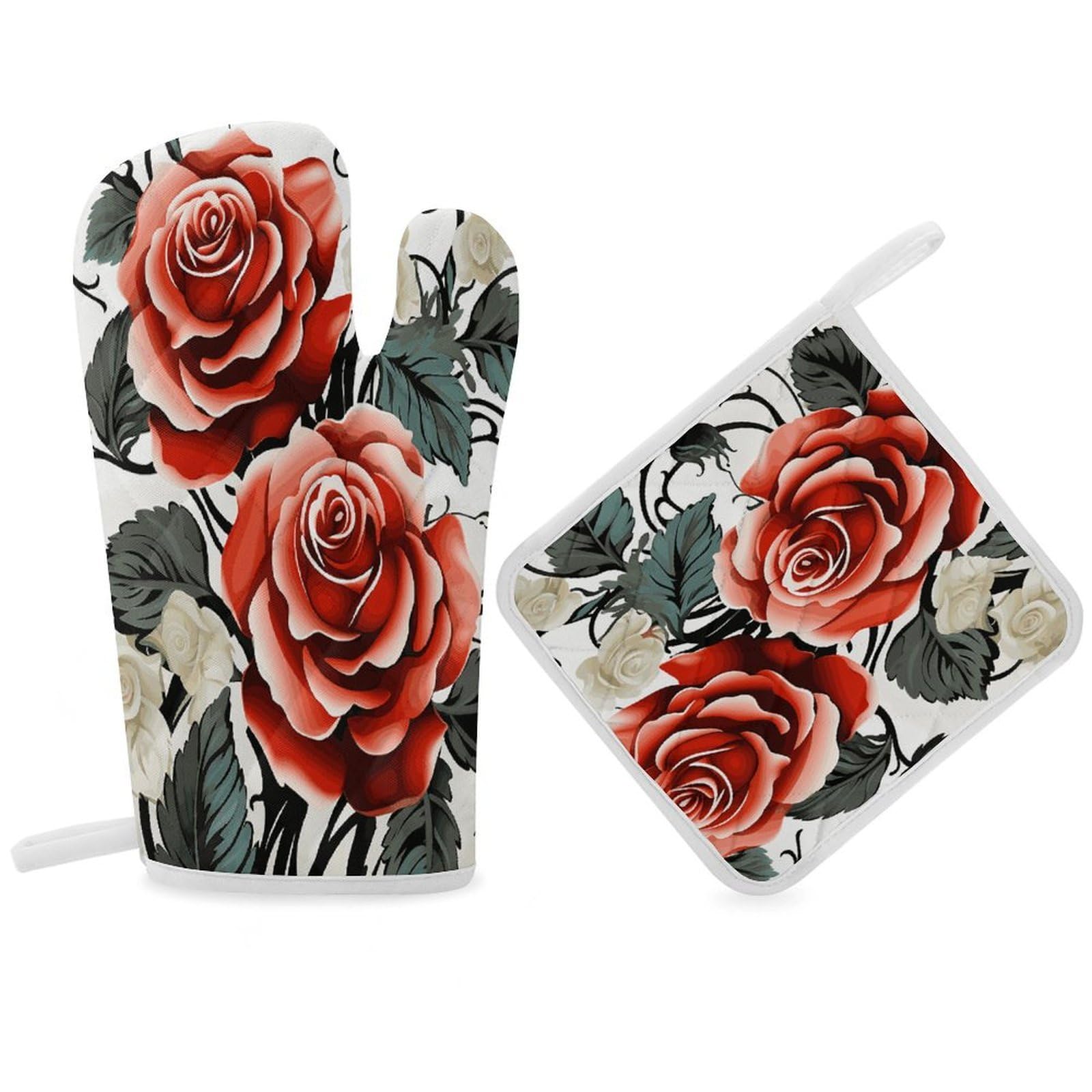 Fodpand Women's Style Floral Rose Ivy With Leaves Spring Oven Mitts And Pot Holders Sets,Oven Gloves For Kitchen Oven Mitts And Potholders For Baking Cooking Grilling Apartment Essentials
