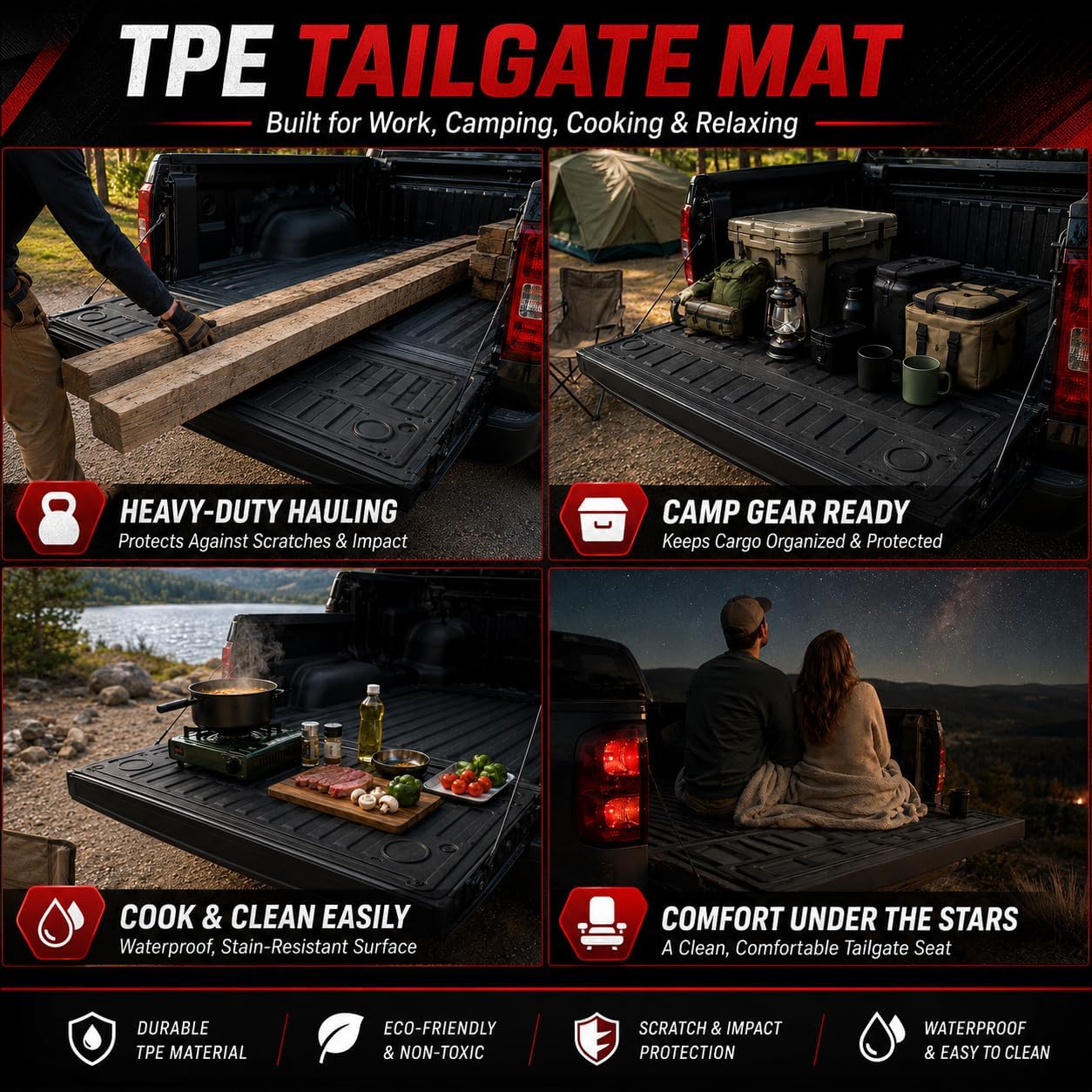 Tailgate Mat Fits Dodge Ram 1500 2019-2026 | TPE Tailgate Liner, All Weather Black (Diamond Texture,Fuel Version)