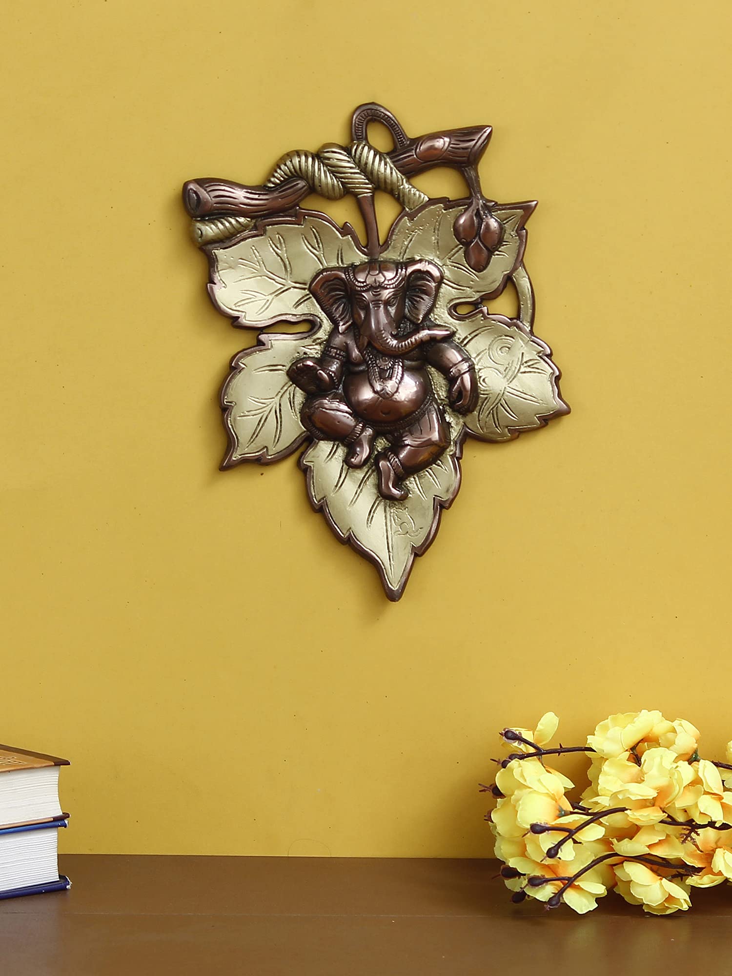 eCraftIndiaGolden and Copper Finish Lord Ganesha On Creative Leaf Metal Wall Hanging - Decorative Hindu God Idol for Home, Living Room, Office Decor - Gift for Housewarming & Festive Occasions