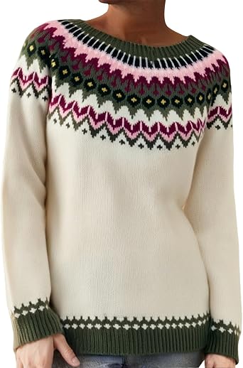 Fair Isle Sweater Women Vintage Cable Knit Long Sleeve Crewneck Colorful Striped Pullover Fashion Holiday Tops