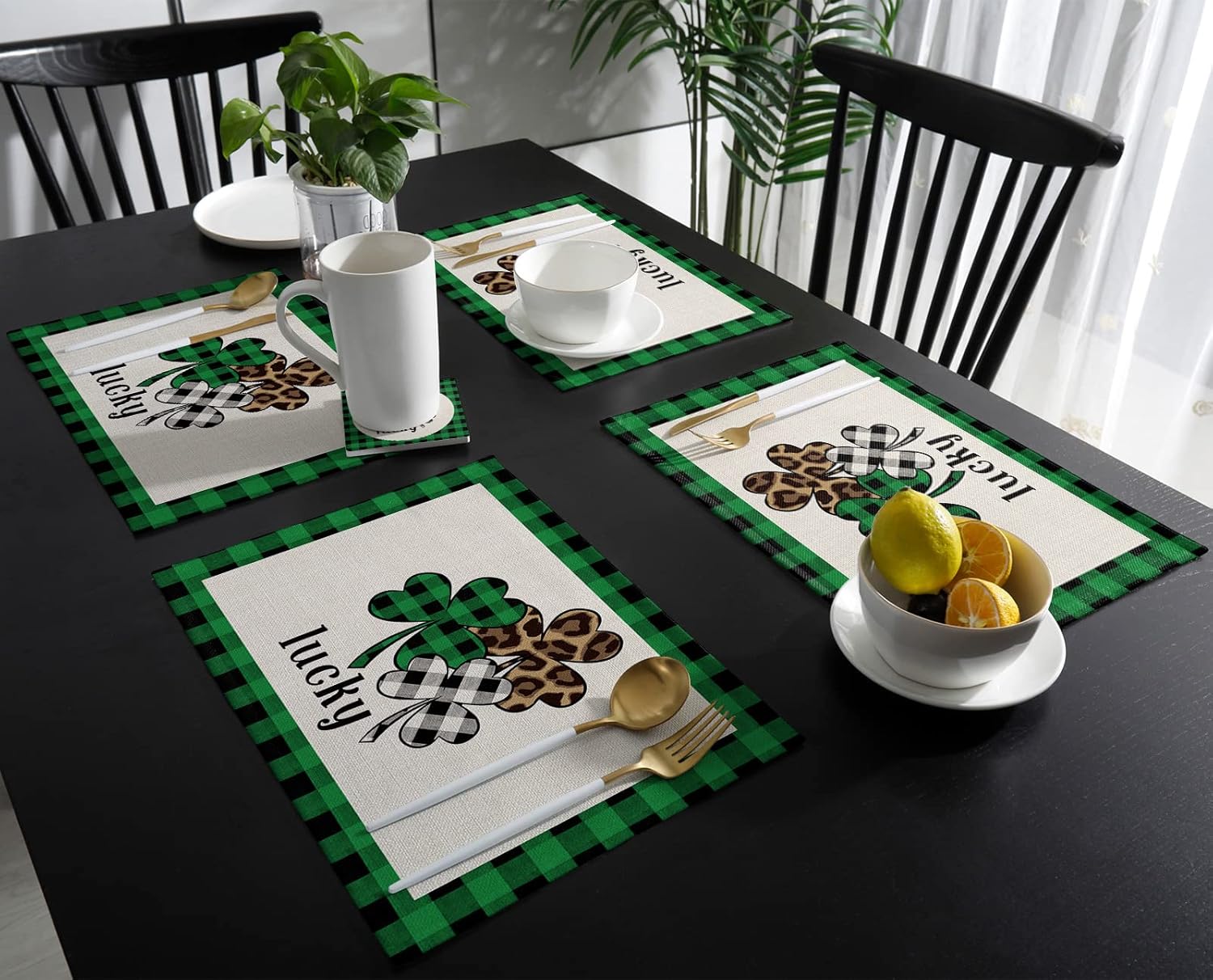 Shamrock Clover Placemat Set of 4, Green Plaid Leopard Shamrock Clovers Place Mats, Insulation Non-Slip Rustic St. Patrick's Day Table Mats Washable Linen Kitchen Placemats for Dining Table