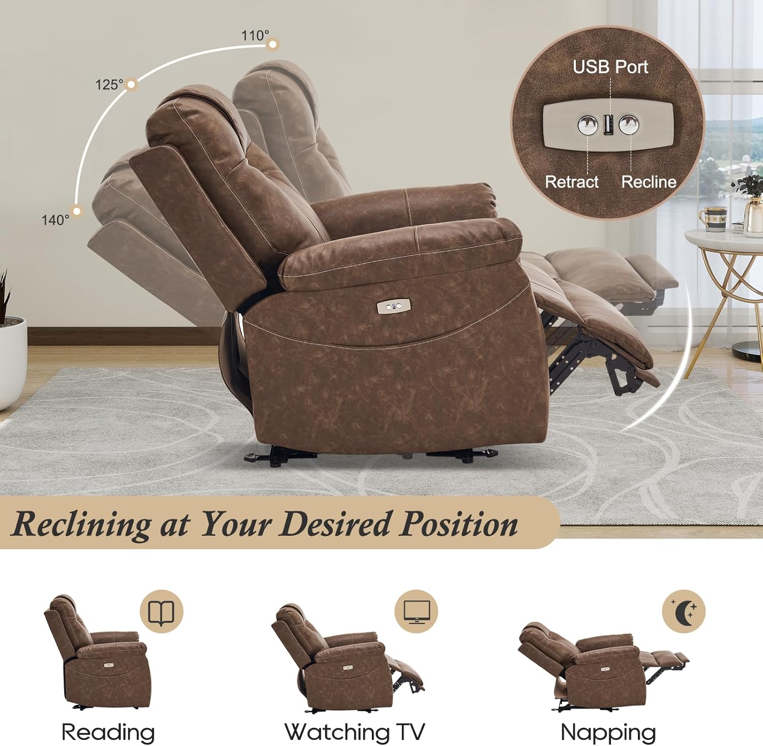 Power Recliner Chair with Extended Footrest, Electric Recliner Chair with Massage and Heat, Power Recliner Chairs for Adult with USB Ports, Side Pockets for Living Room (Dark Brown, PU)