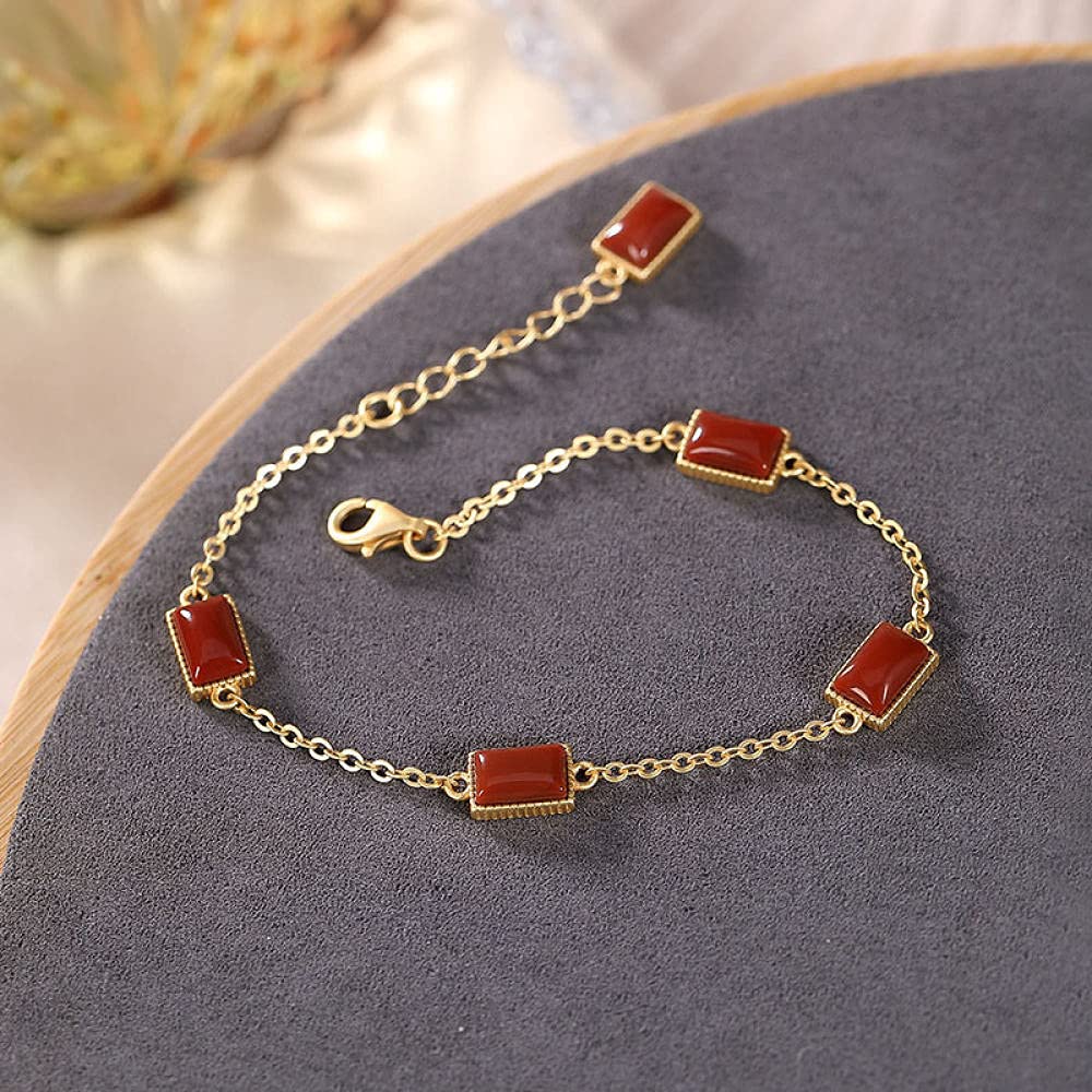 Girls Accessories Bracciale in Argento Sterling 925 Vintage per Donna Semplice Placcato in Oro Agata Rossa Geometria Gioielli Classici Fascino Spiaggia Estiva Birthday Gift