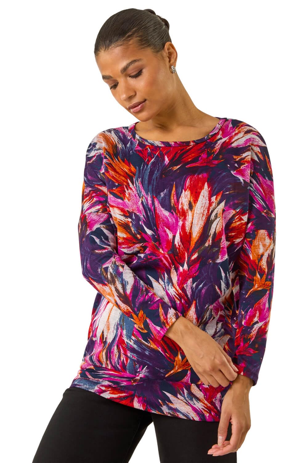Roman Originals Women's Navy Floral Roman Blouson Top For Uk Drop Shoulder Long Sleeve Jersey Stretchy Oversized Casual Office Jumper Soft Everyday Sweater Lounge Sweatshirt Blouses - Size 16