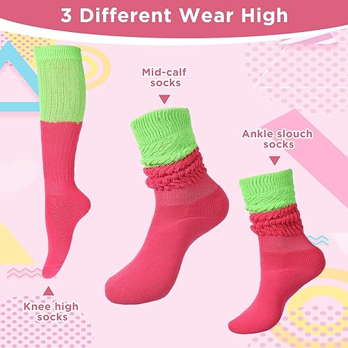 Vista 4 de Calcetines de neón de los años 80s90s para mujer, calcetines retro con bloques de color para ropa de neón, accesorio de los años 80, calentador