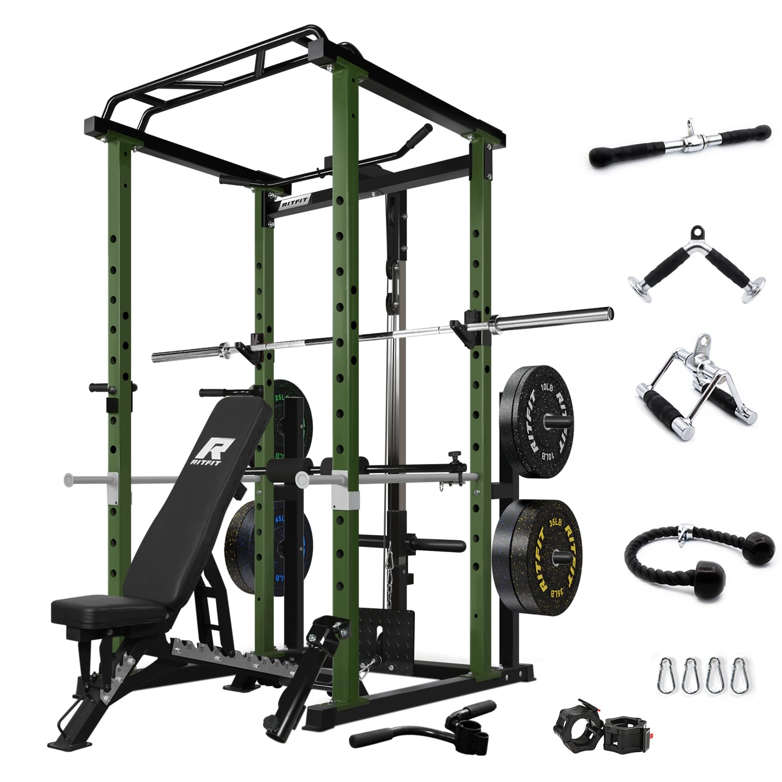 RitFit Squat Rack Power Cage Home Gym Package, Includes 1000LBS Power Rack with Cable Crossover System, Weight Bench, Weight Plate Set with Olympic Barbell (PPC02 Package 1.6K (FBP 230LBS))-Green