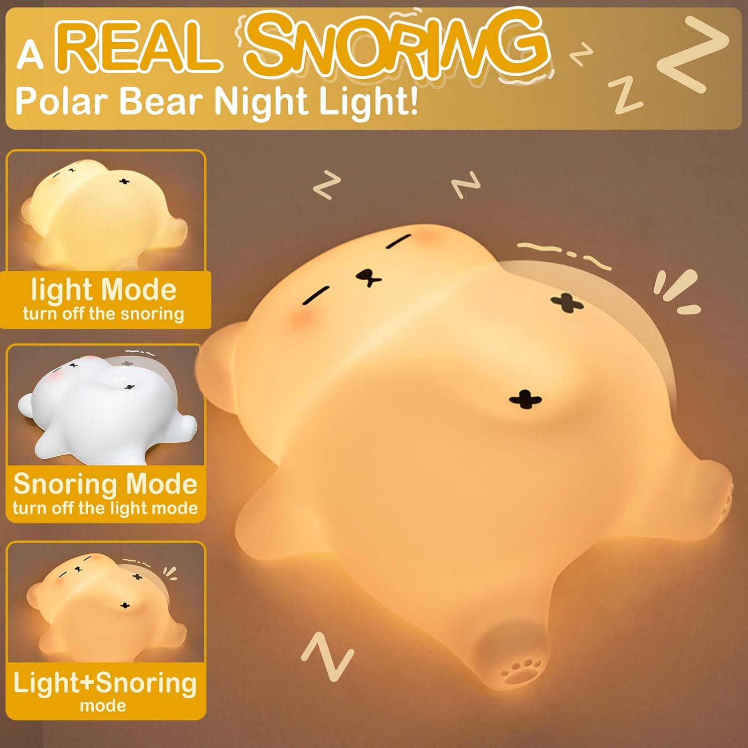 Snoring White Bear Night Light, Rechargeable Squishy Lamp - Silicone Nursery LED Animal Dimmanble Touch Nightlight - Bedroom Cute Funny Birthday Christmas Gifts for Kids, Boy, Girls - Image 5