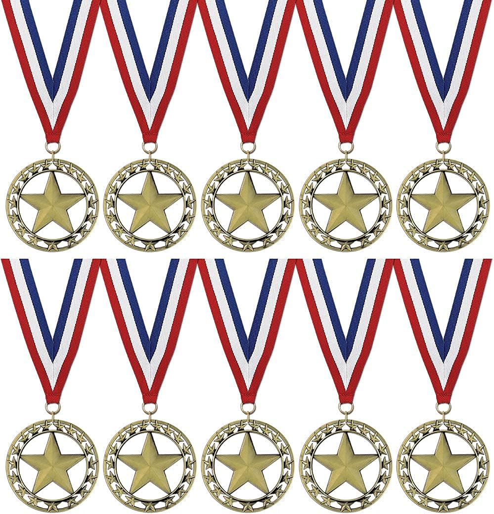 Hodges Badge Company RS Star Gold, Silver, and Bronze Medals with Red White and Blue Neck Ribbon- Made of Metal- Sold in Sets of 10 of Either Gold, Silver, or Bronze