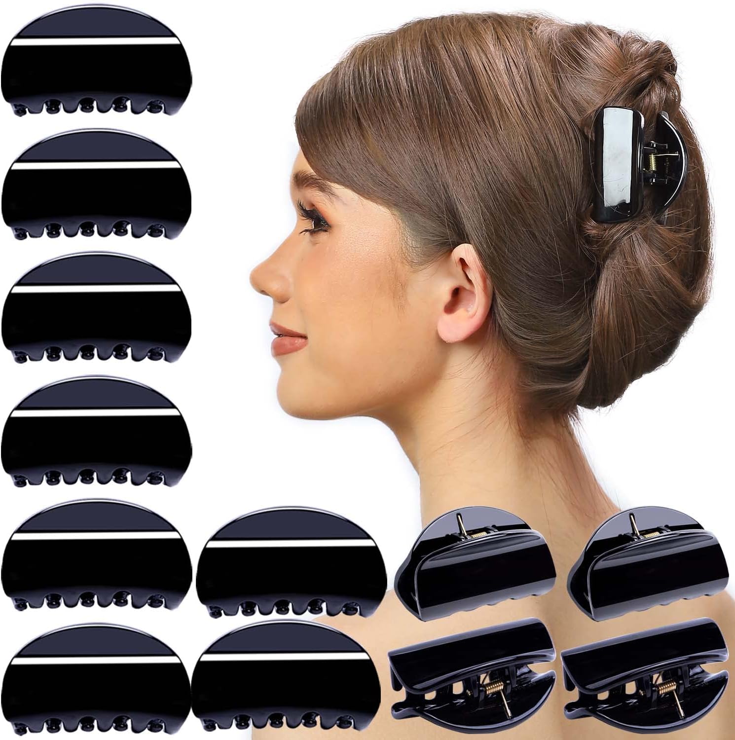 RC ROCHE ORNAMENT 12 Pcs Womens Jaw Claw Flat Clutcher Clamp No Slip Grip Strong Hold Cute Accessory Salon Styling Fashion Girls Beauty Hair Clip, Medium Black