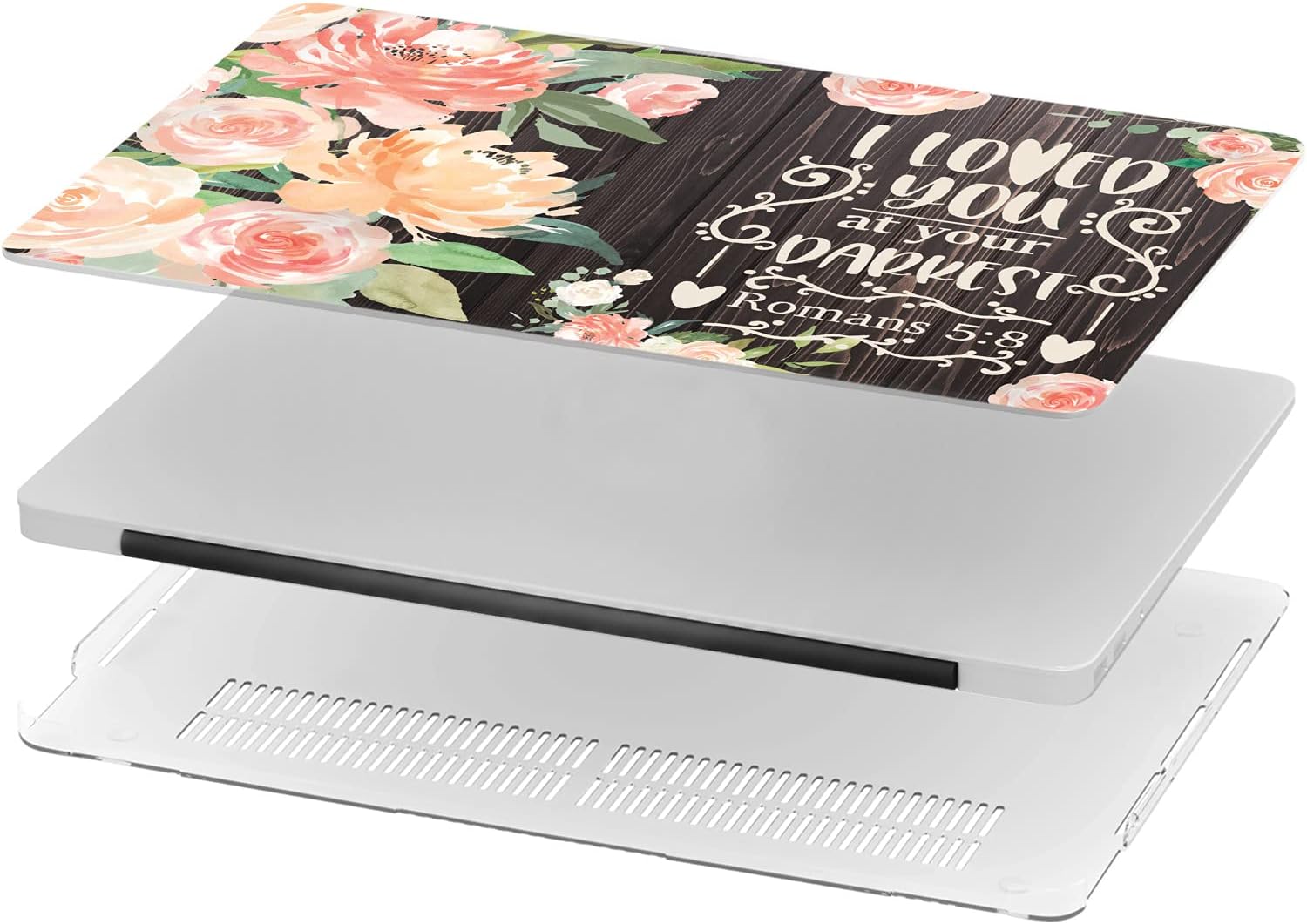 Mertak Hard Case Compatible with MacBook Pro 16 14 Air 15 13 inch M3 M2 M1 Mac 2024 2023 2022 2018 Romans 5:8 Quote Wood Floral Laptop Clear Bible Verse Cover Touch Bar Plastic Protective Christian