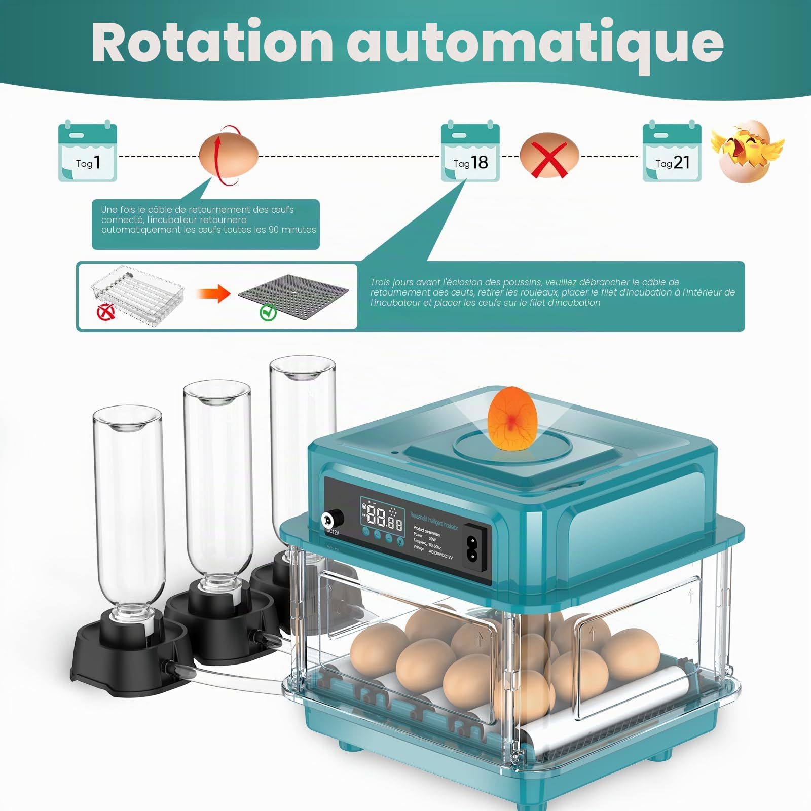 Incubateur entièrement automatique, incubateur pour 10 à 36 œufs avec rotation automatique des œufs et humidification automatique, incubateur avec indicateur d'humidité pour poulets, canards, oies et