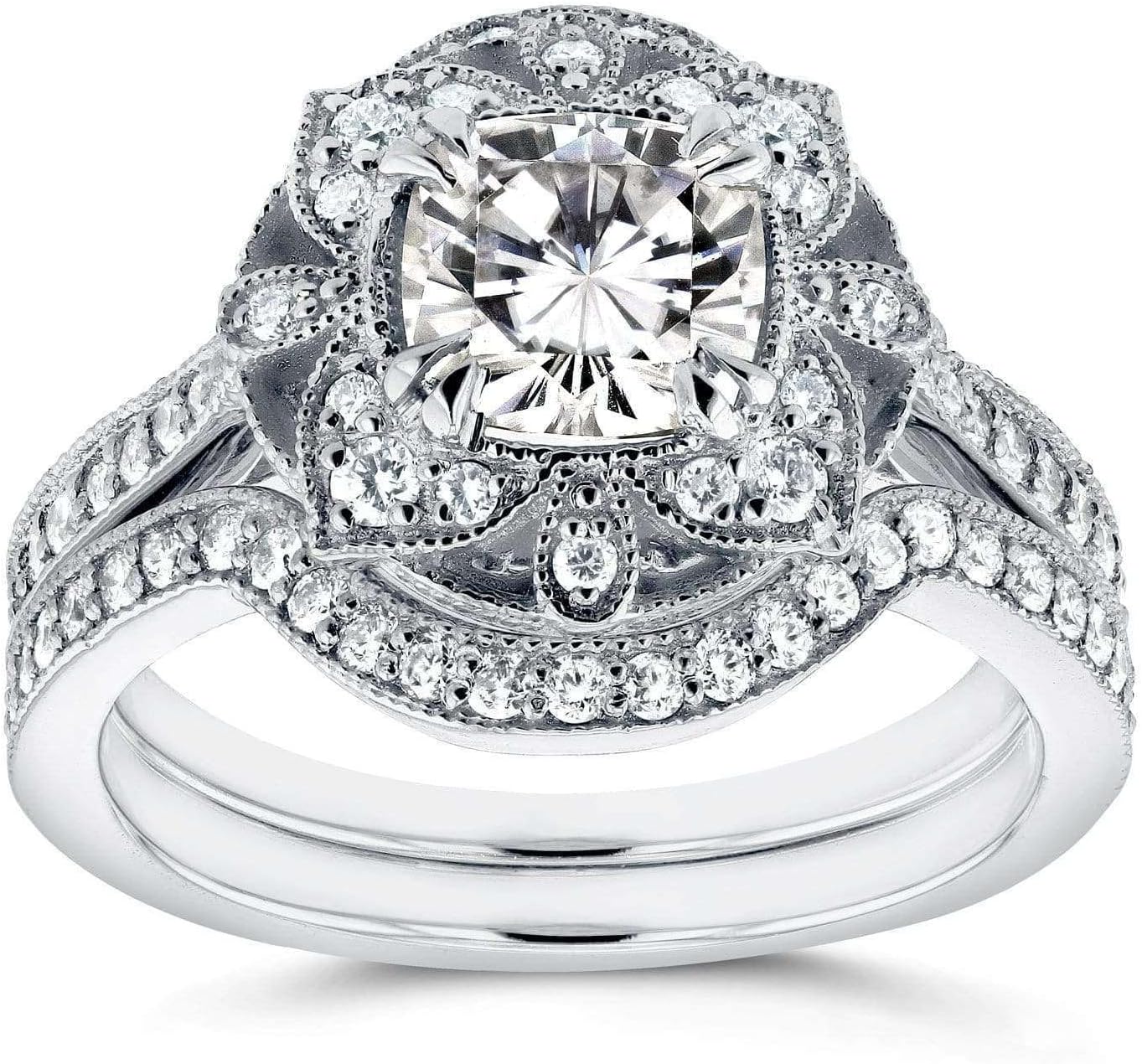 Kobelli Antique Style Floral Cushion Moissanite Bridal Set 1 1/2 CTW in 14k White Gold