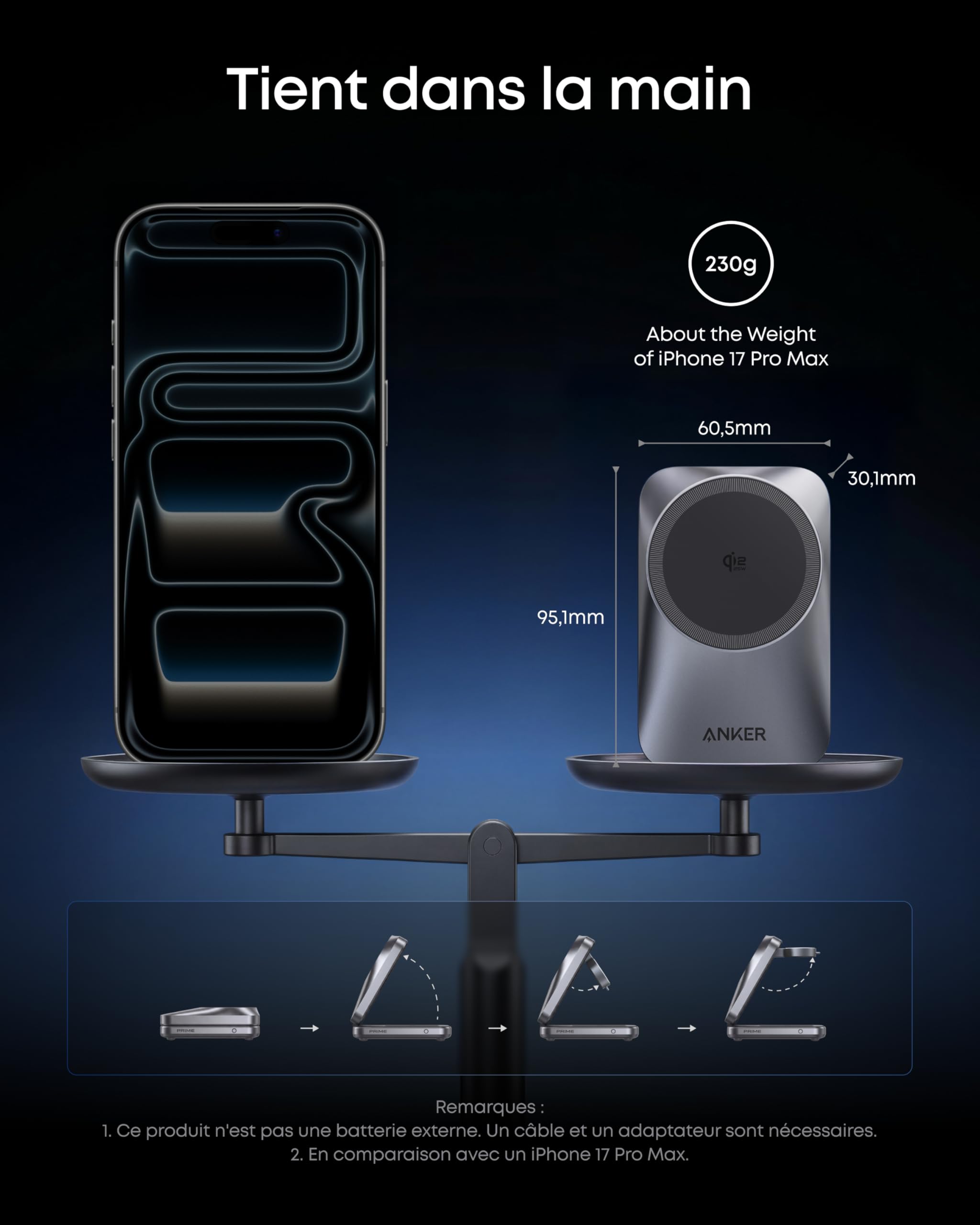 Anker Prime Chargeur MagSafe 3 en 1 Rapide 25W, Station de Charge sans Fil Certifié Qi2.2, Pliable pour iPhone 17/16/15, Apple Watch, AirPods (sans Batterie, Adaptateur Inclus) | Compatible avec MagSafe, chargeur pliable, certifié Qi2.2 de 25 W, pour iPho