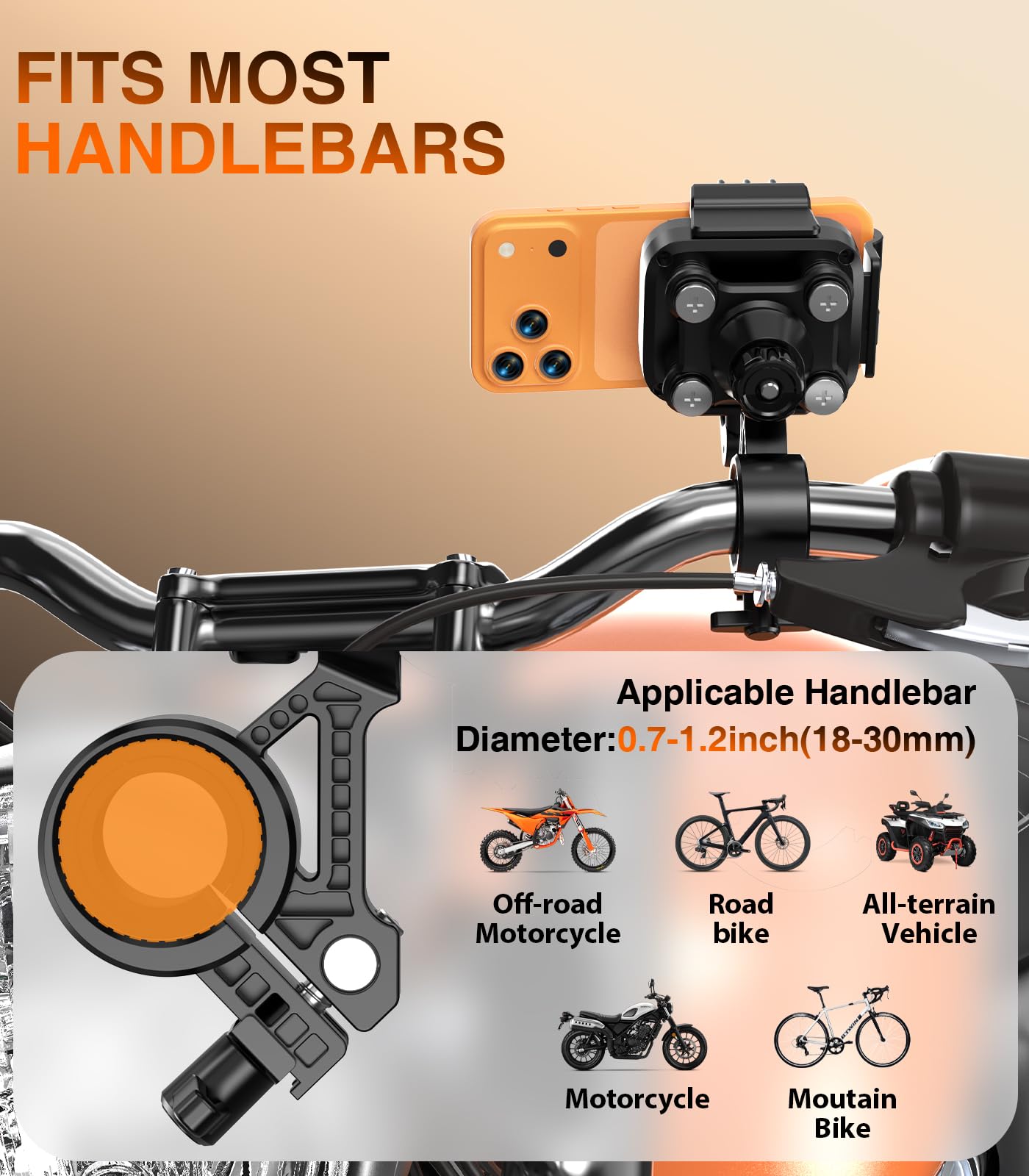 Support de téléphone pour vélo, moto, 4 amortisseurs de vibration, compatible avec l'appareil photo, support de téléphone pour vélo, scooter, VTT, poussette, taille réglable pour téléphone de