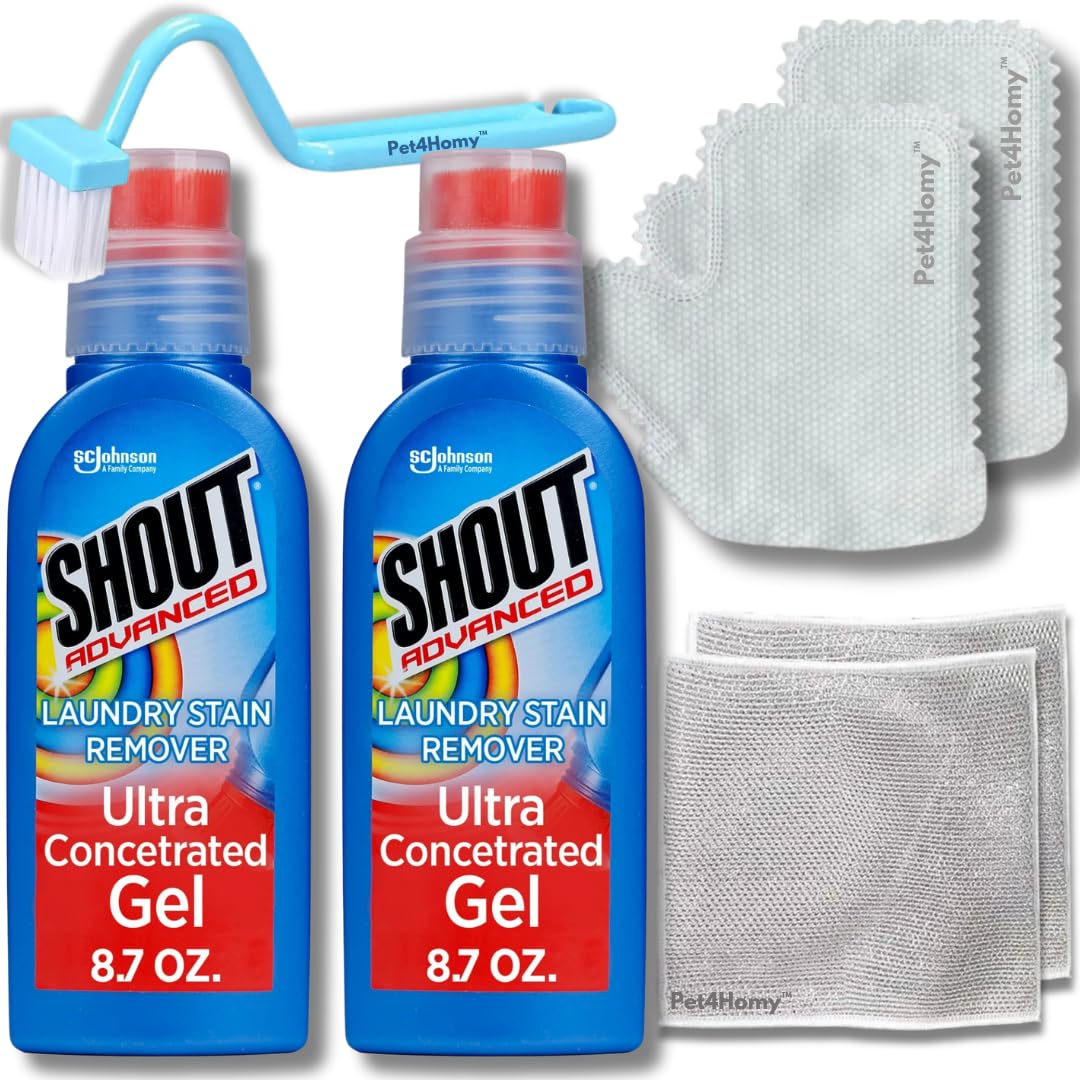 Shout Advanced Ultra Concentrated Gel Brush, 8.7 oz (2 Pack) Bundle with Pet4Homy Cleaning Gloves, Cleaning Brush, and Multipurpose Wire Cleaning Cloths (4 Items)