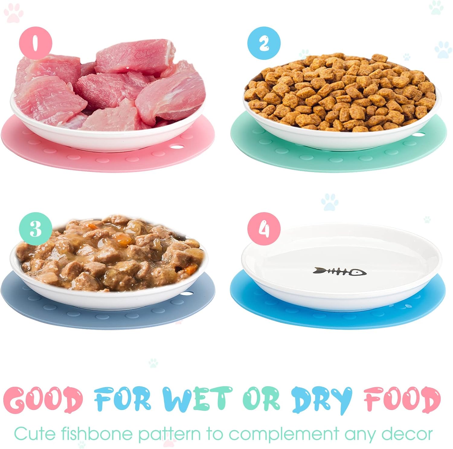 Thenshop 6 Pcs Beard Fatigue Cat Bowls with 6 Pcs Silicone Anti Slip Mats, 6 Inch Ceramic Cat Plates Wet Food and Water Bowls, Wide Shallow Food Dishes for Feeding Kittens Small Pets(Fishbone)