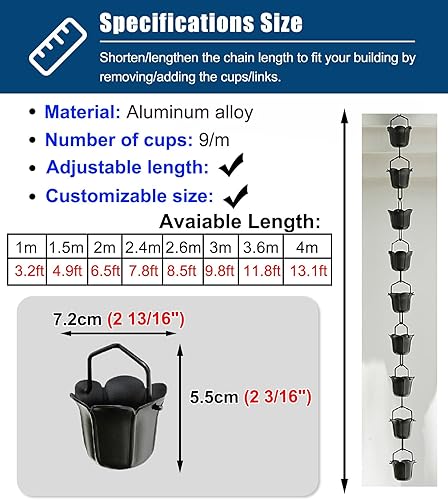 Miniatura 6 de EliteBloom Rain Chain Black Flower Cups Rain Chain System, 1-4 M Long Rainwater Catcher, Roof Gutters Chain for YardLandscape, Rain Chain for