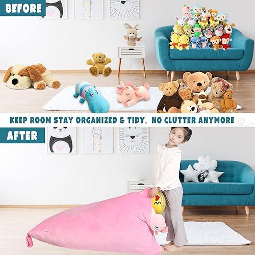 Miniatura 5 de LOLOMLO Funda para silla de puf de almacenamiento de animales de peluche, terciopelo rosa, organizador de asiento para niños, adolescentesadultos,