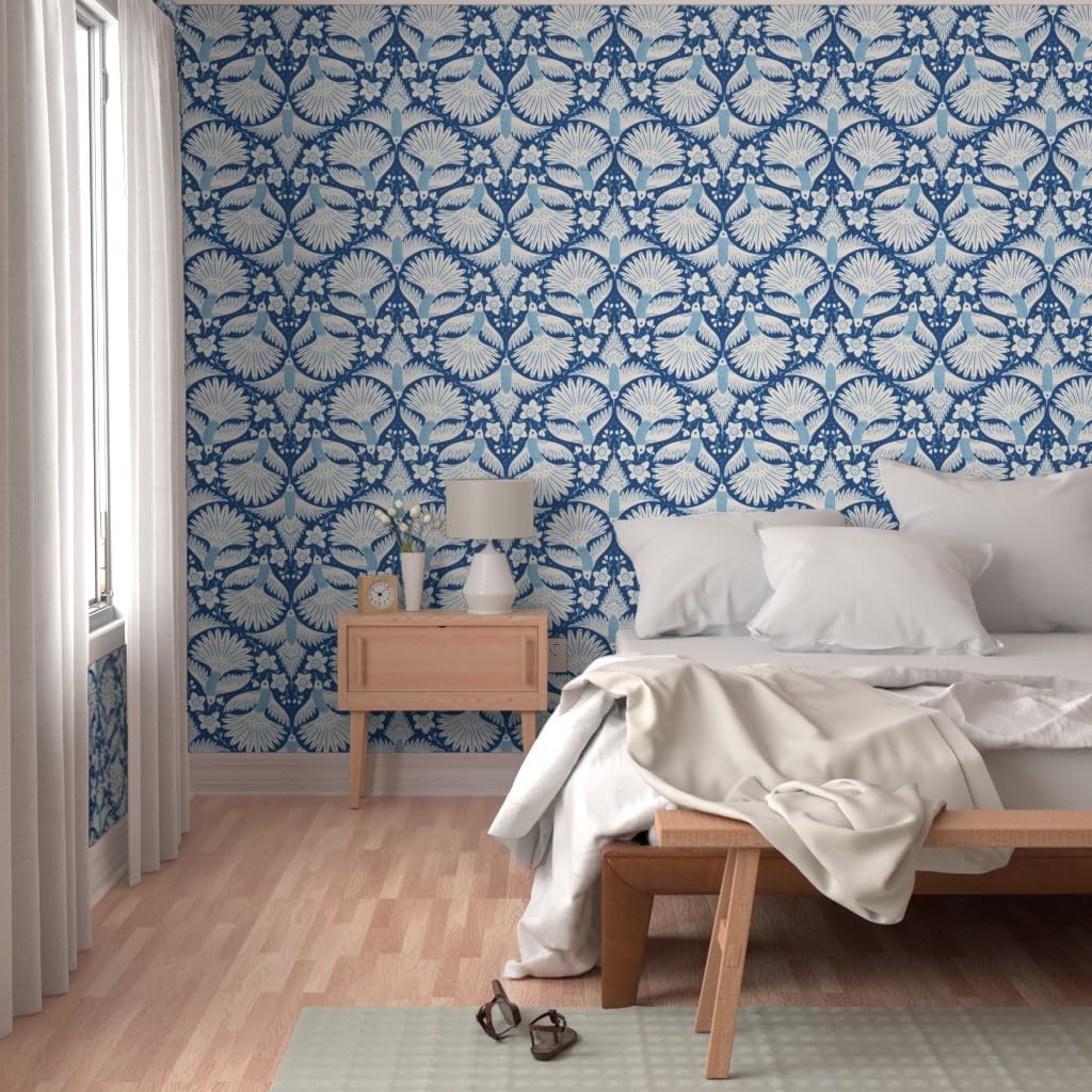 Peel & Stick Wallpaper 12ft x 2ft - Blue Bird Hummingbirds Pollinators Orchid Flowers Botanical Custom Removable Wallpaper by Spoonflower