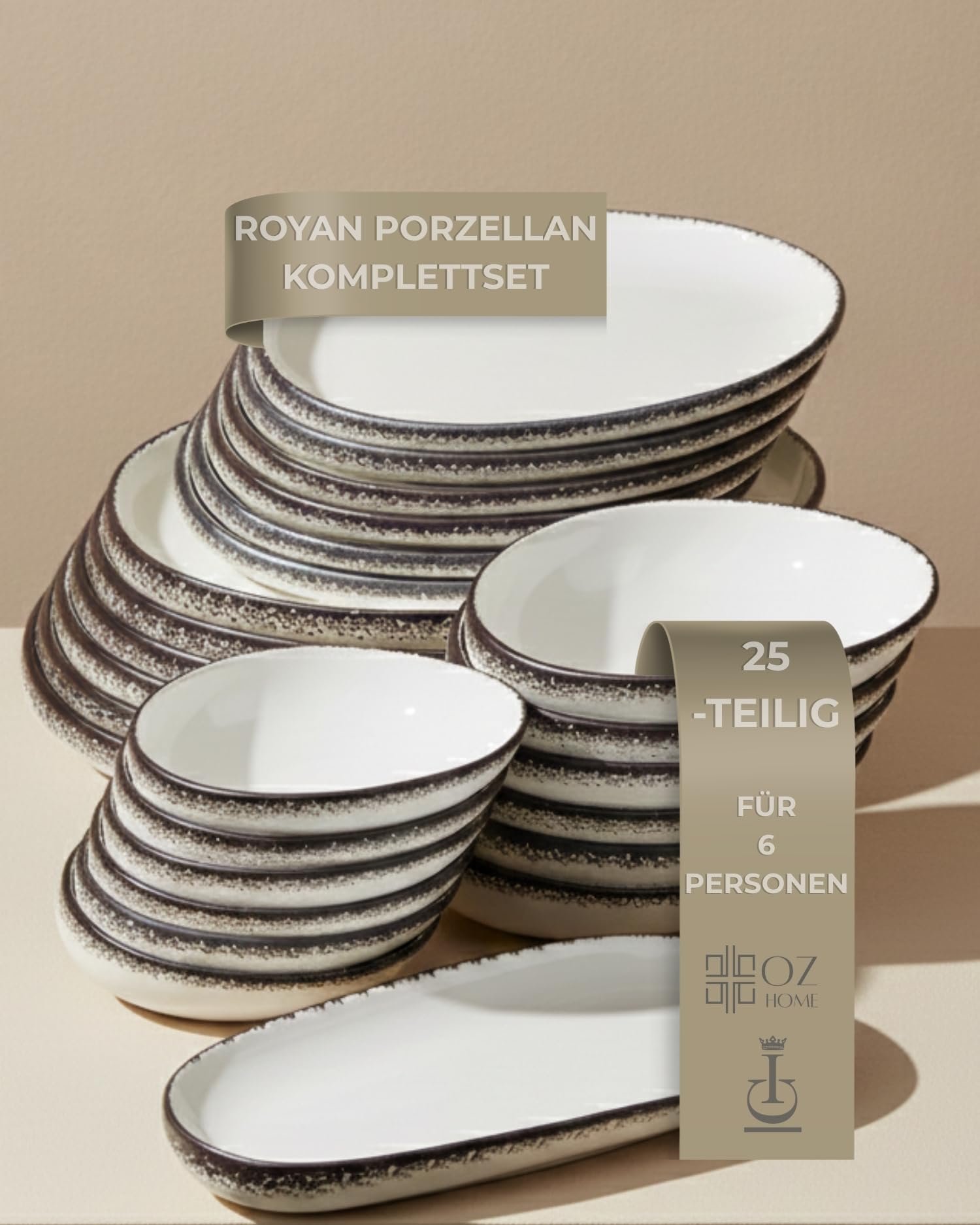 BRICARD Royan Porzellan-Geschirrset 25-teilig Weiß/Braun mit gesprenkeltem Rand – Tafelservice für 6 Personen – Teller & Schalen Set, stapelbar – mikrowellen-, backofen- & spülmaschinengeeignet