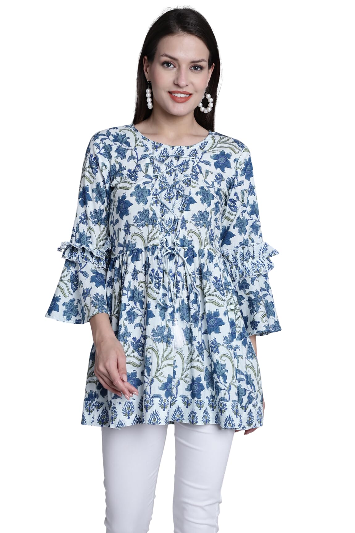 rajnandini Women's White & Blue Pure Cotton Jaipuri Printed Western Short Top (JOPLJPR726-P)-picture-32