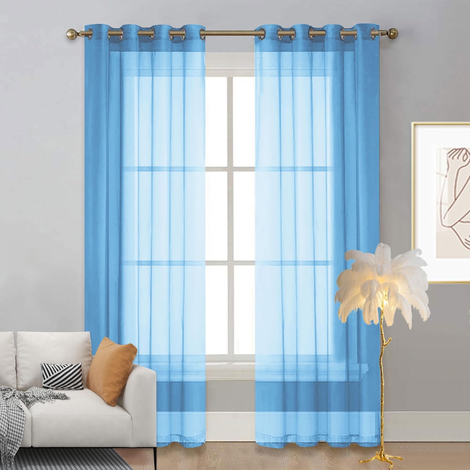 Voilage à oeillets rideaux salon 250x240 cm polyester bleu ciel