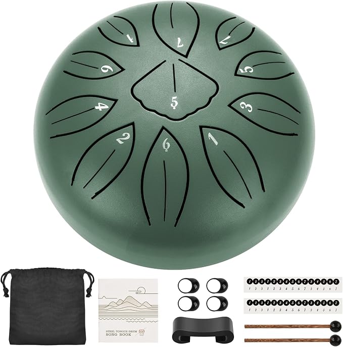 LEKATO Tambor de lengua de acero de 6 IN 11 notas, tambor de aleación de acero C mayor Zen tambor percusión para meditación yoga educación musical, el mejor regalo para principiante, verde piedra