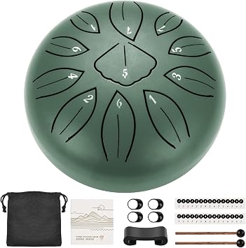 LEKATO 6 Inches 11 Nots Steel Tongue Drum for Beginner, Rain Drum Percussion Christmas Birthday Gift with Song Book, Drum Mallets,Stone Green