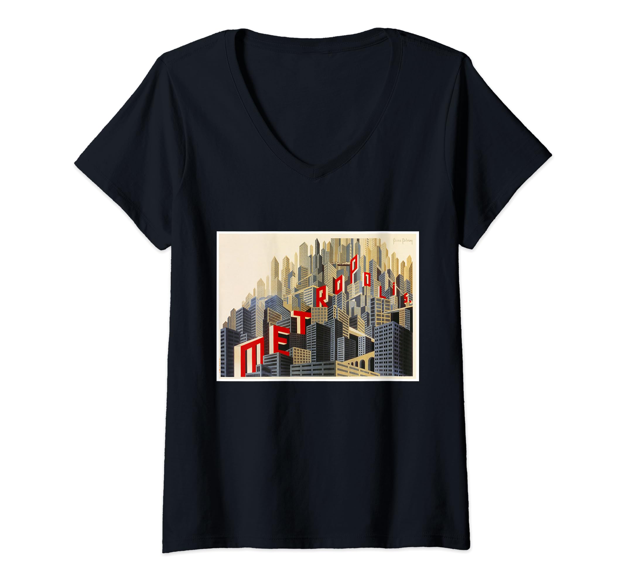Womens Metropolis 1927 by Boris Bilinski V-Neck T-Shirt