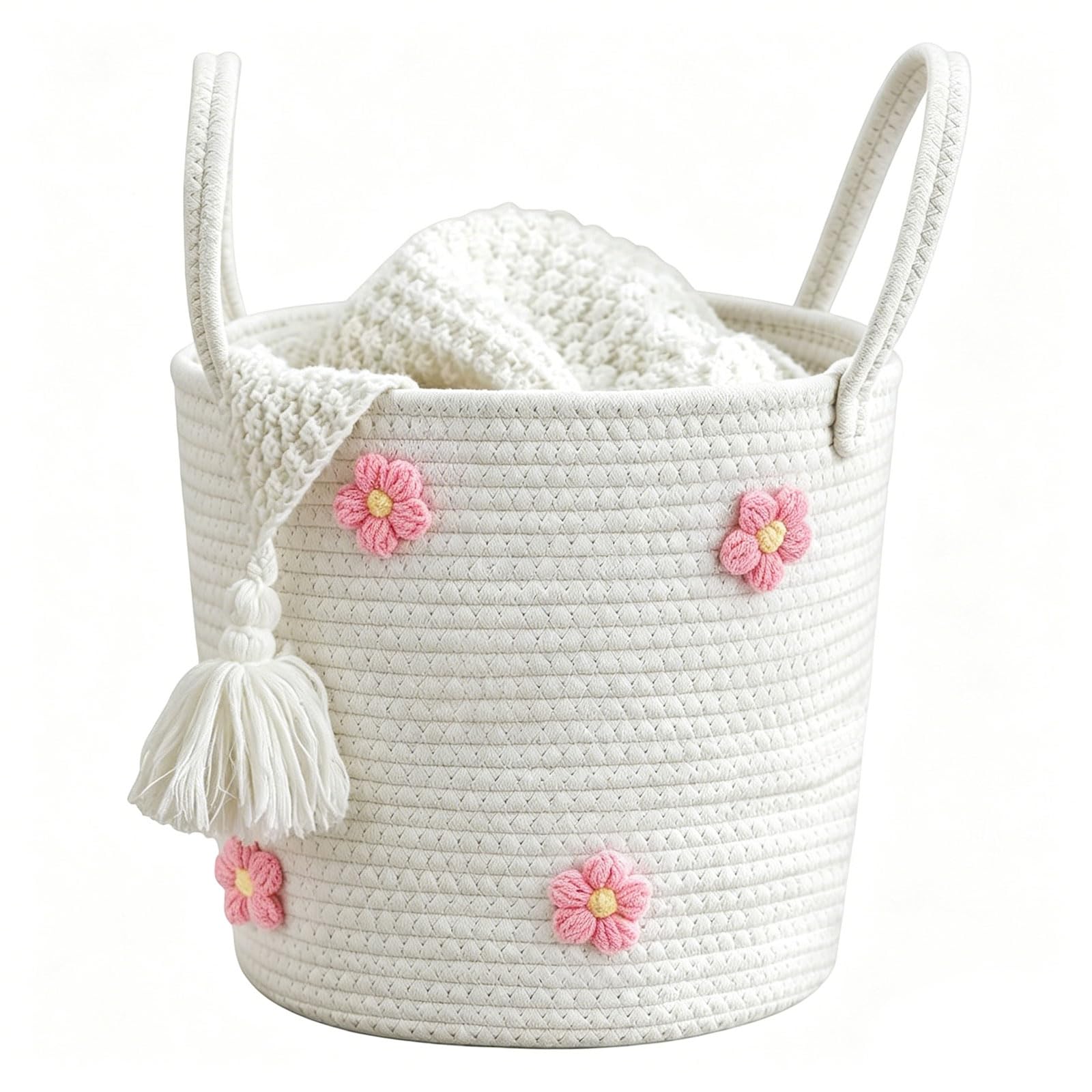 Toy Storage Baskets Woven Cotton Rope Storage Basket with Flowers Pattern, Baby Laundry Basket with Handle, Blanket Basket Living Room, Versatile Toys Organizer for Gifts Hamper, Bedroom, Playroom — image 1