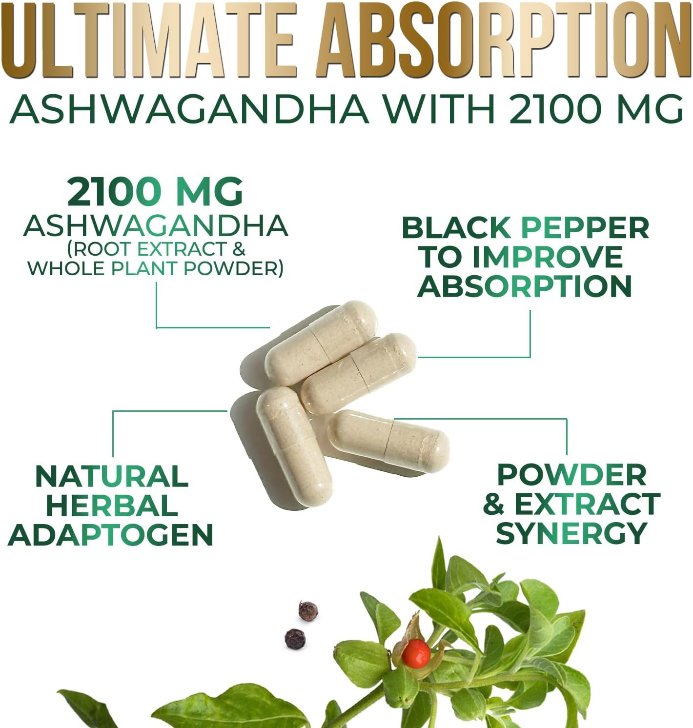 Ashwagandha Supplements - 2100mg Ashwagandha Capsule for Women & Men, Natural Antioxidant Support, Ashwa Root Extract, Extra Strength Calm Support with Black Pepper, Vegan & Gluten Free - 180 Capsules - Image 3
