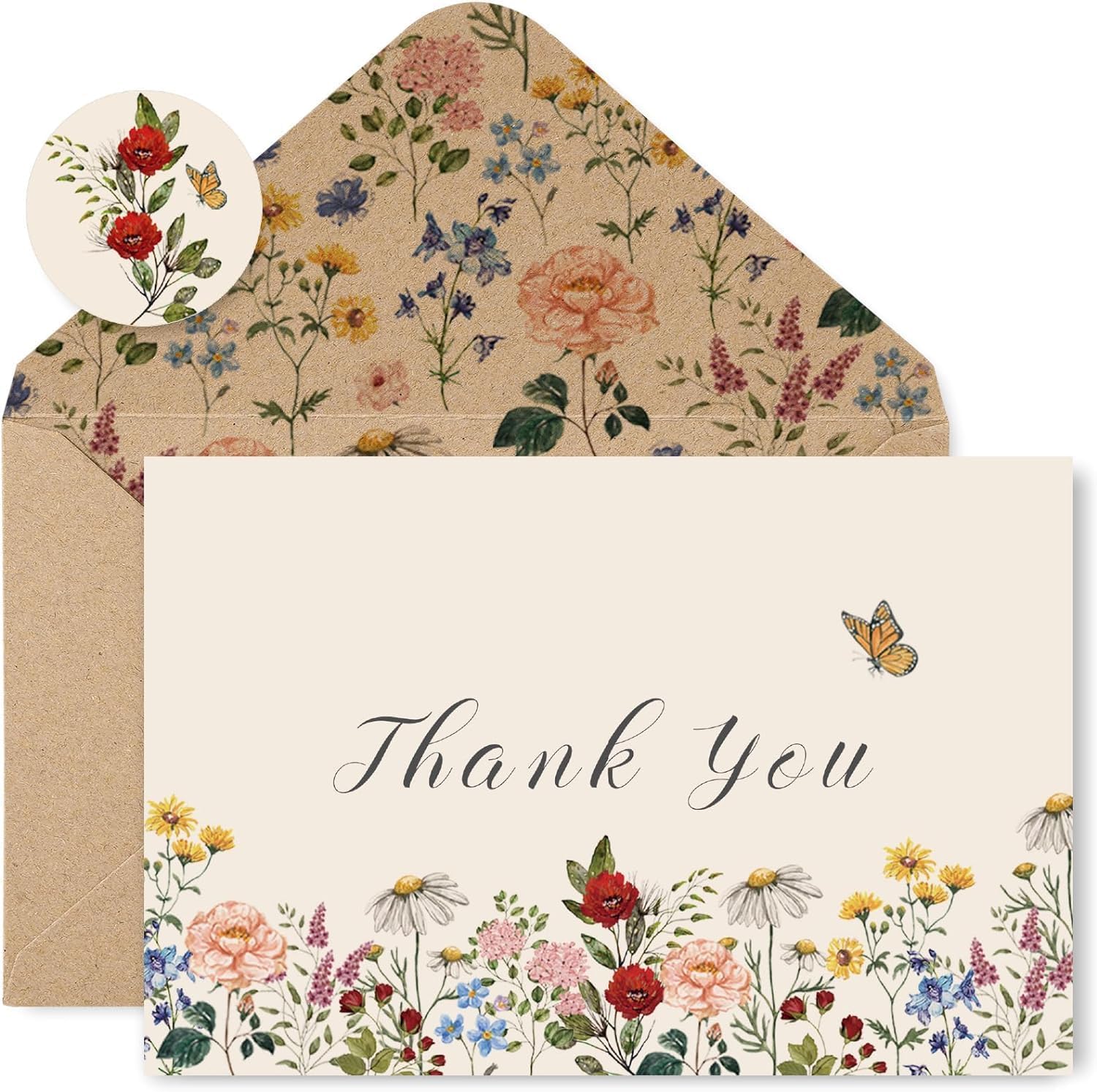 90 Pack Wildflower Thank You Cards With Envelopes & Stickers – 3.5x5 Inch Floral Note Cards For Weddings, Birthdays, All Occasions