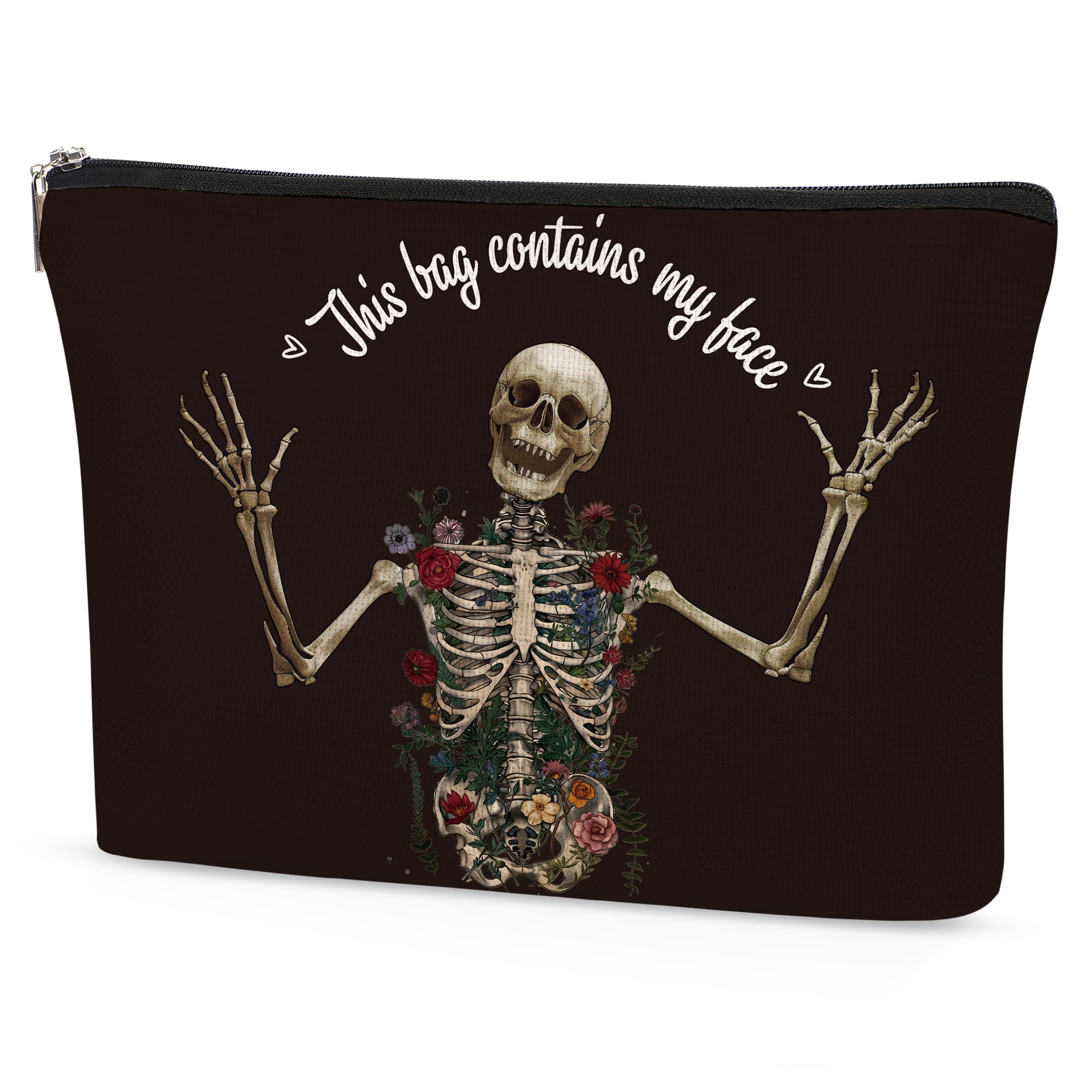 Papiailove Goth Makeup Bag Gift for Girl, Hippie Botanical Skeleton Skull Cosmetic Bag for Women, Goth School Supplies for BFF Friends