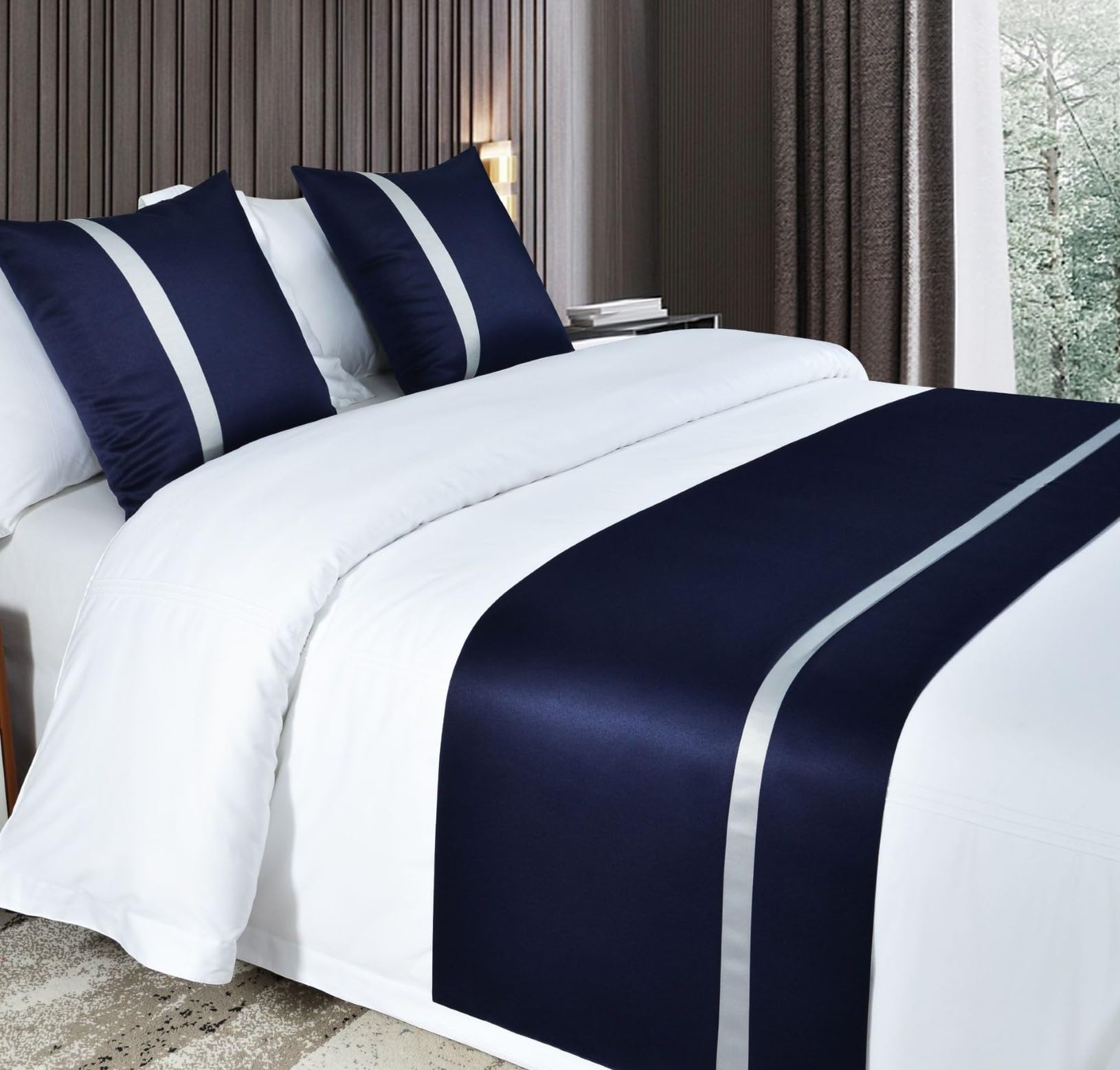 HLASMSPE Soft Bed Scarf Runner, Polyester Satin Bedding Throw Cover Stripe, Fashion Bedspreads Decor Towel for Hotel Wedding, Navy, 50 * 240cm for 1.8m Bed