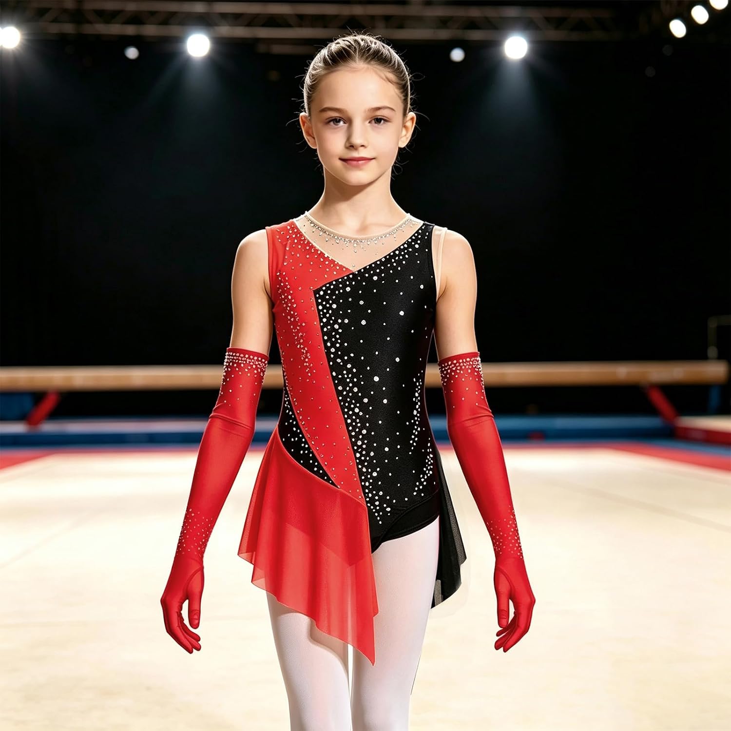 Girls Skating Dress with Gloves Cha Cha Lyrical Dance Costume