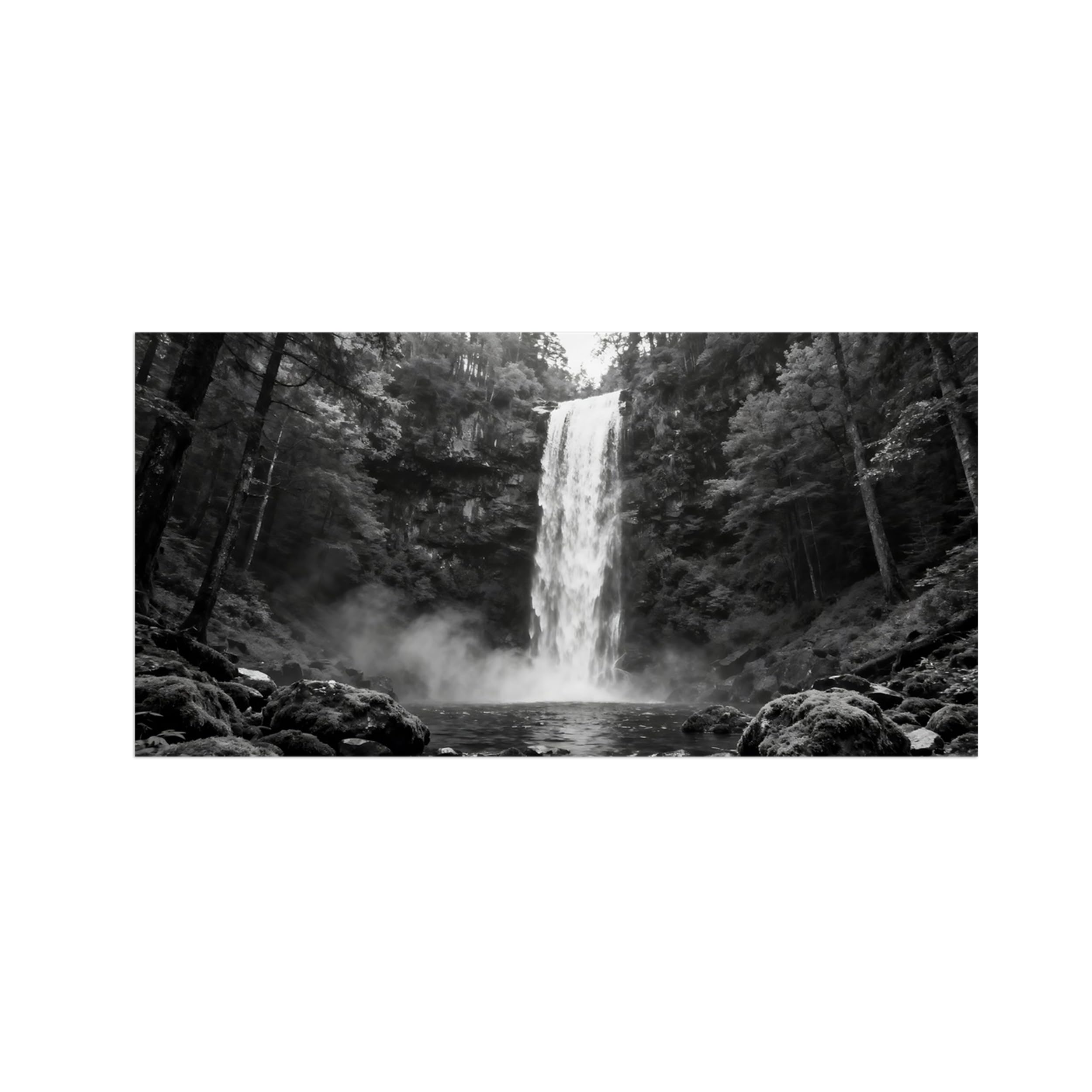 Black White Landscape Wall Art. Forest Waterfall. Picture 50x100cm Framed