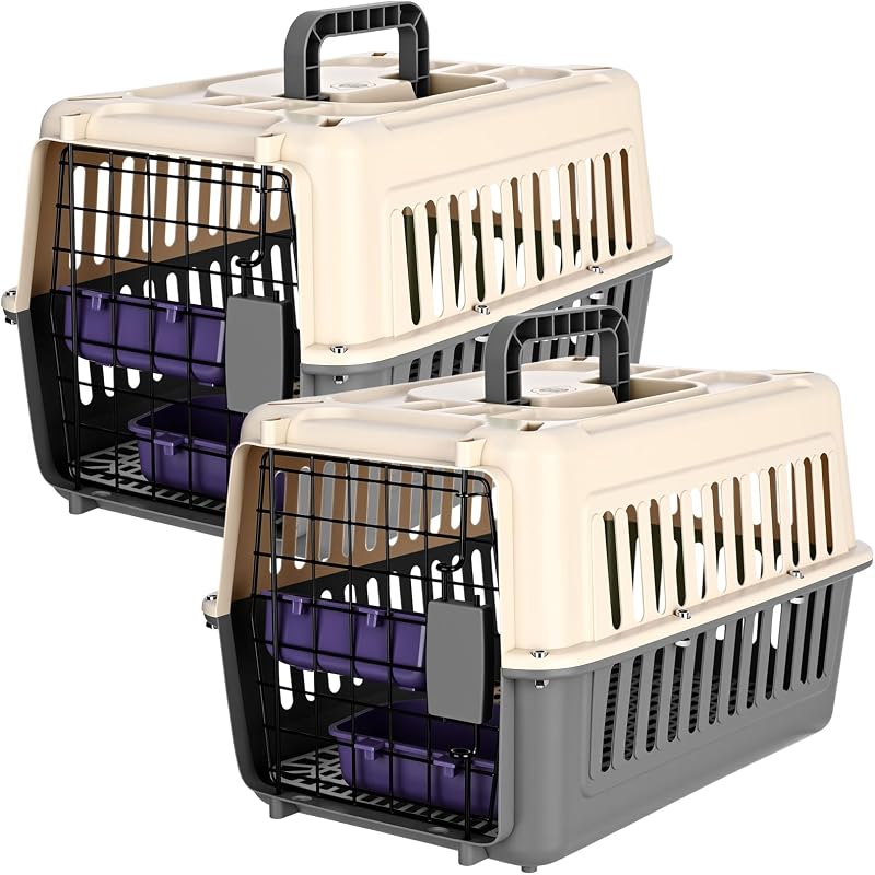 Caixa de Transporte Rígida para Gatos Fiwochic com Porta de Metal, Cinza e Branca, Pacote com 2