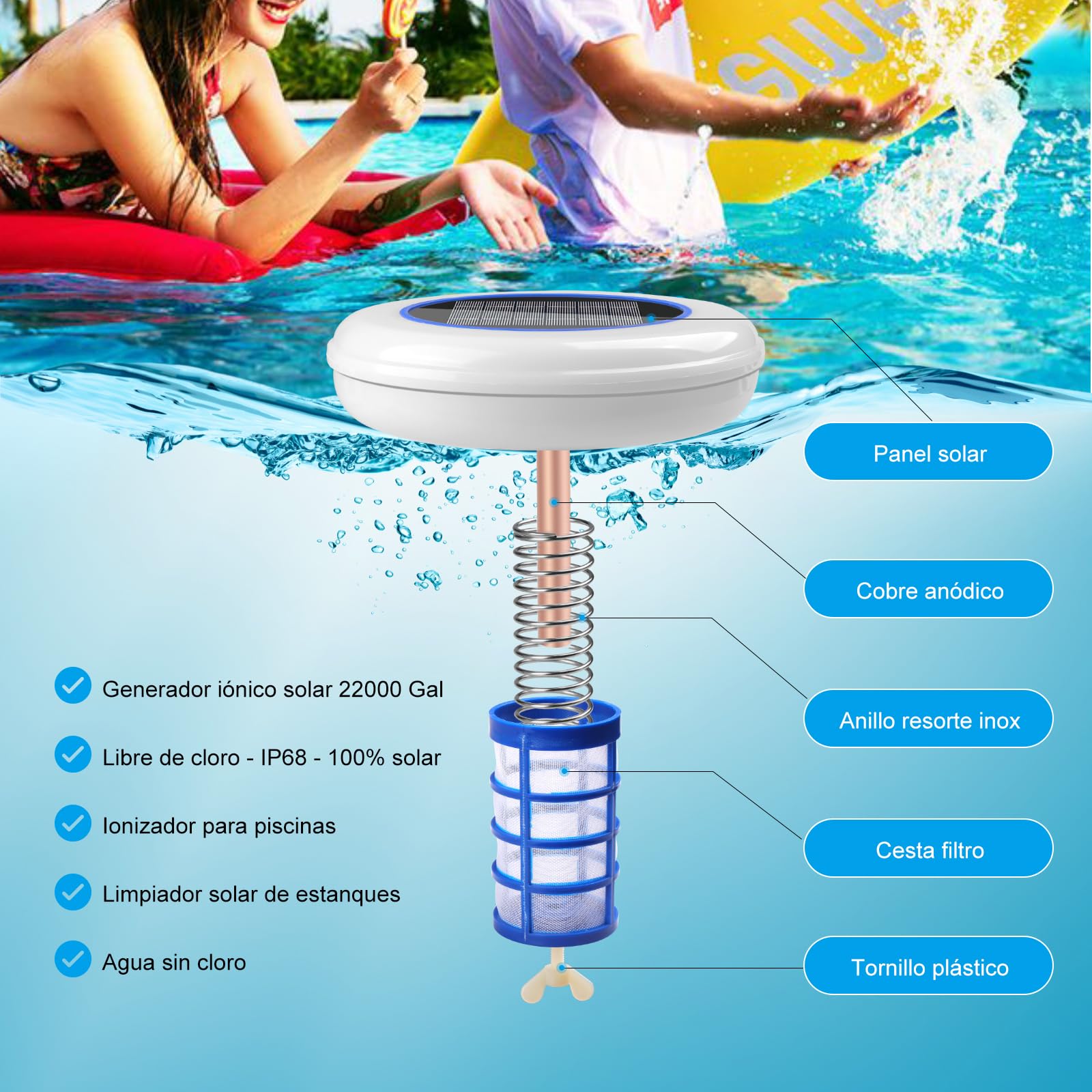 Ionizador Solar para Piscina con Iluminación LED – Purificador de Agua por Iones de Cobre y Plata – 22000 GAL Sin Cloro, IP68 Solar Limpiador Ionizador para Piscina, Fuente, SPA
