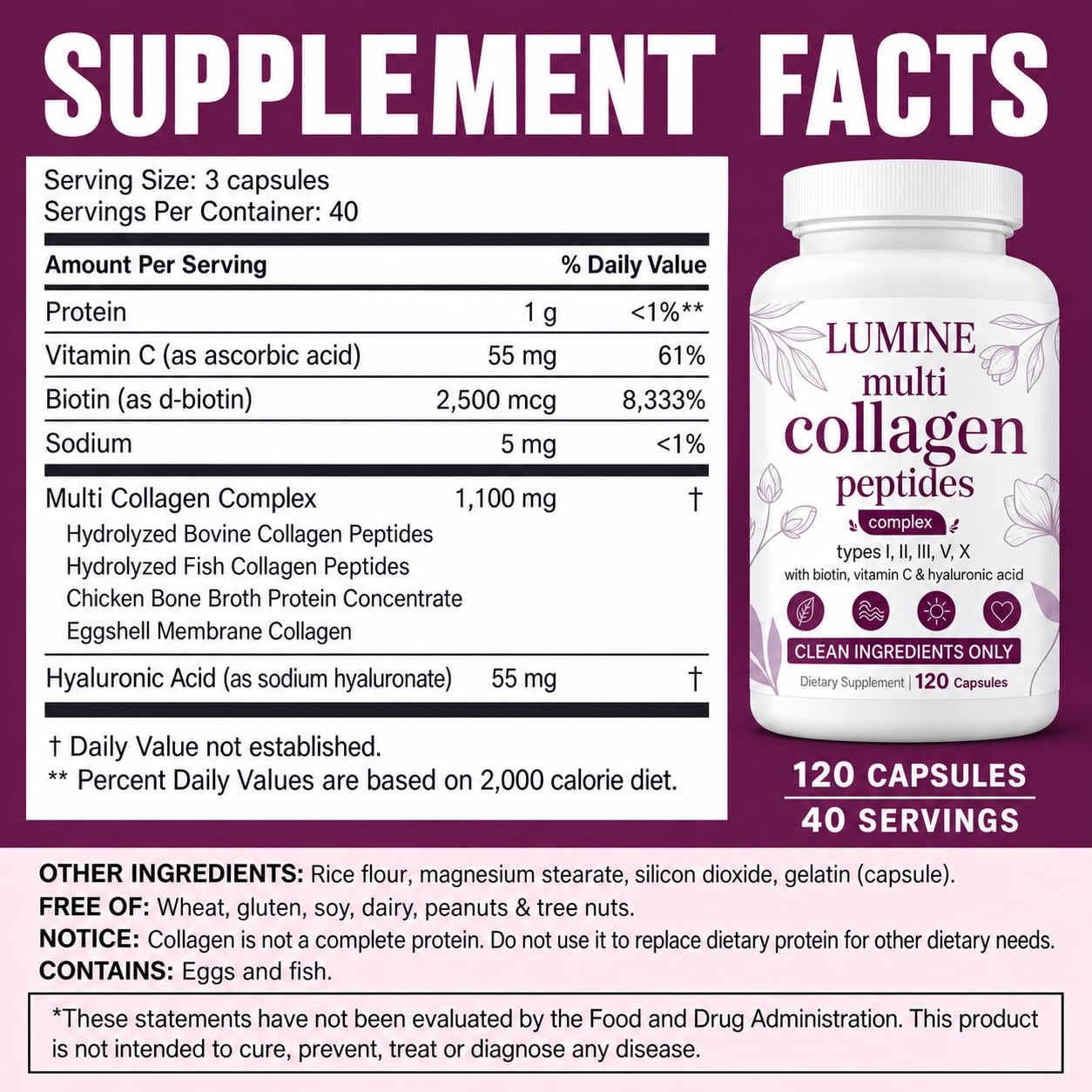 LUMINE Organics Collagen Peptides, Collagen with All 5 Types,Hydrolyzed Collagen Supplement with Biotin,Hyaluronic Acid & Vitamin C, Non-GMO Ingredients, Vegan-Friendly, 120Capsules — Amazon image 2