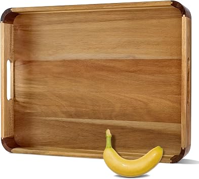 22-in Acacia Wood Serving Tray with Handles & Rounded Corners | Large Rectangular Wooden Ottoman Tray for Living Room, Kitchen, Coffee Table, Food Serving