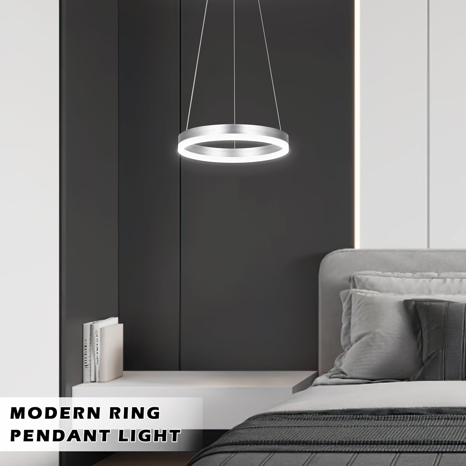 12" Nickel Led Ring Chandelier Ring Modern Led Chandelier Modern Pendant Lights Adjustable Height Light Contemporary Light Fixture for Kitchen Island Bedroom Kitchen Island Dining Room