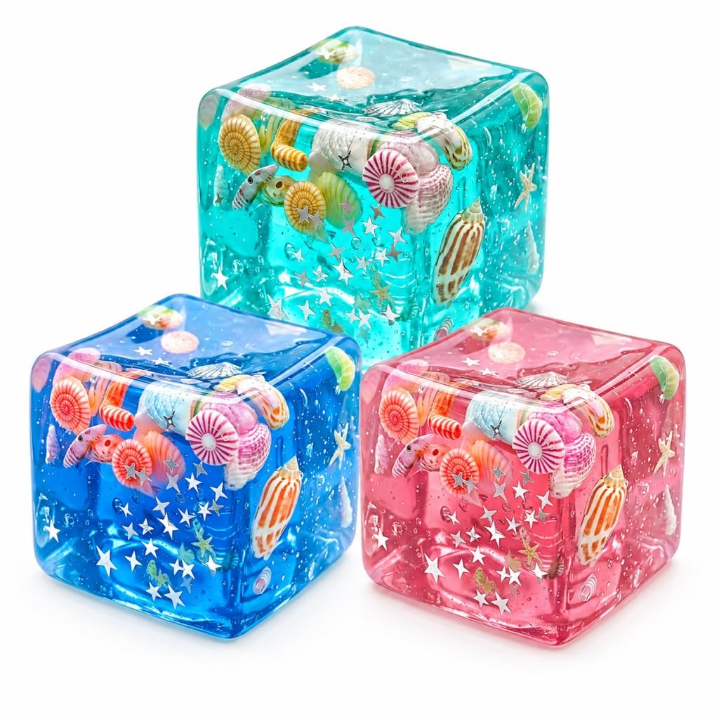 Ocean Seashell Ice Cube Ball Squishy, Ocean-Themed Squishy Fidget Toys for Stress Relief, Soft TPR Ice Cube Squishies, Sensory Fidgets Hand Toy for Kids & Adults (Green+Blue+Pink)