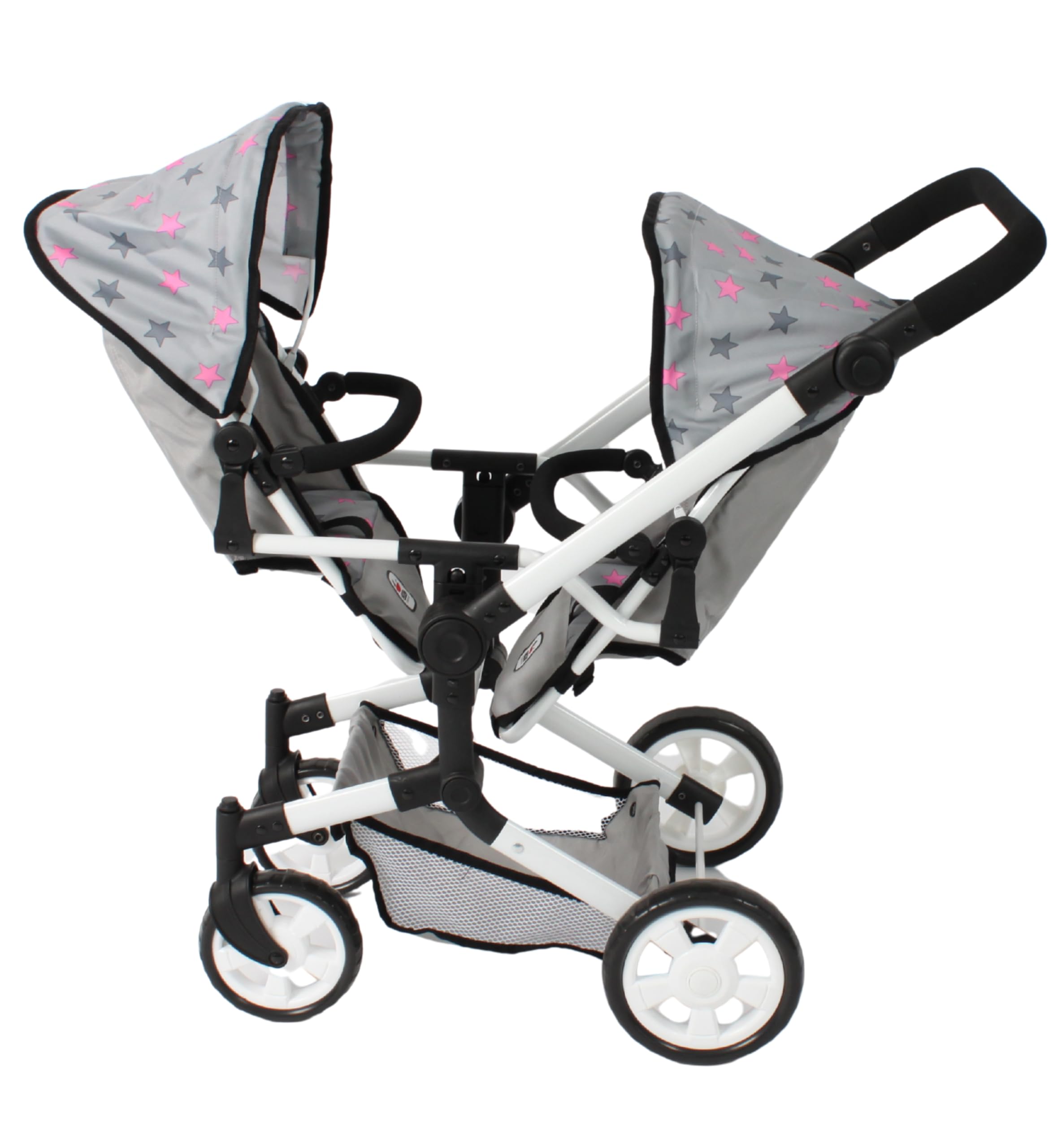 Bayer Chic 2000® Wózek dla lalek Linus Duo – gwiazdka szara – składany wózek dla lalek bliźniaczych – regulowany uchwyt 50-82 cm – lalki do 50 cm – 4-8 J.