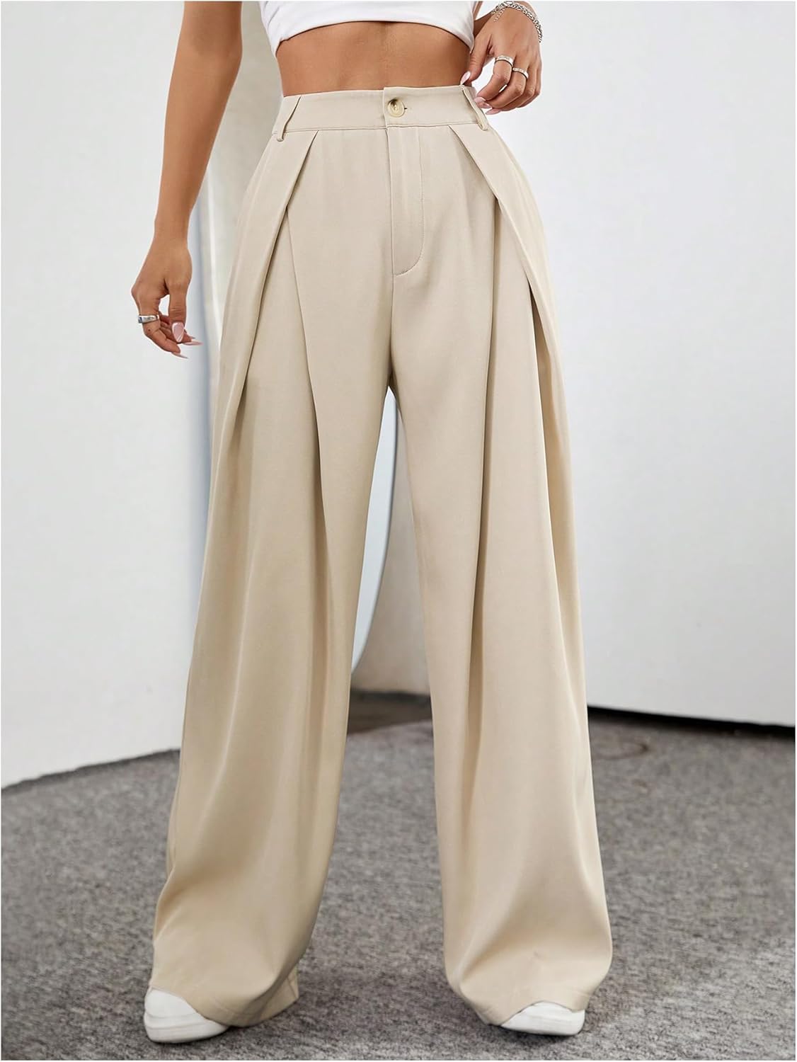 Floerns Women's Elegant Wide Leg Tapered Suit Pants Office Pleated Trousers