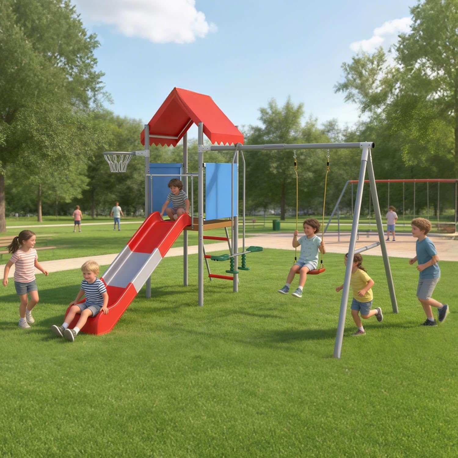 Kids Outdoor Playset with Double Swings, Slide & Basketball Hoop, Heavy-Duty Metal Backyard Playground Set for Children, Outdoor Play Equipment for Yard & Garden