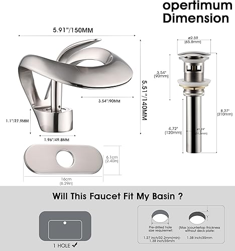 Miniatura 2 de AUU - Elegante grifo de lavabo de baño de un solo agujero, grifo de lavabo de latón sólido, grifo de lavabo de una sola manija con línea de