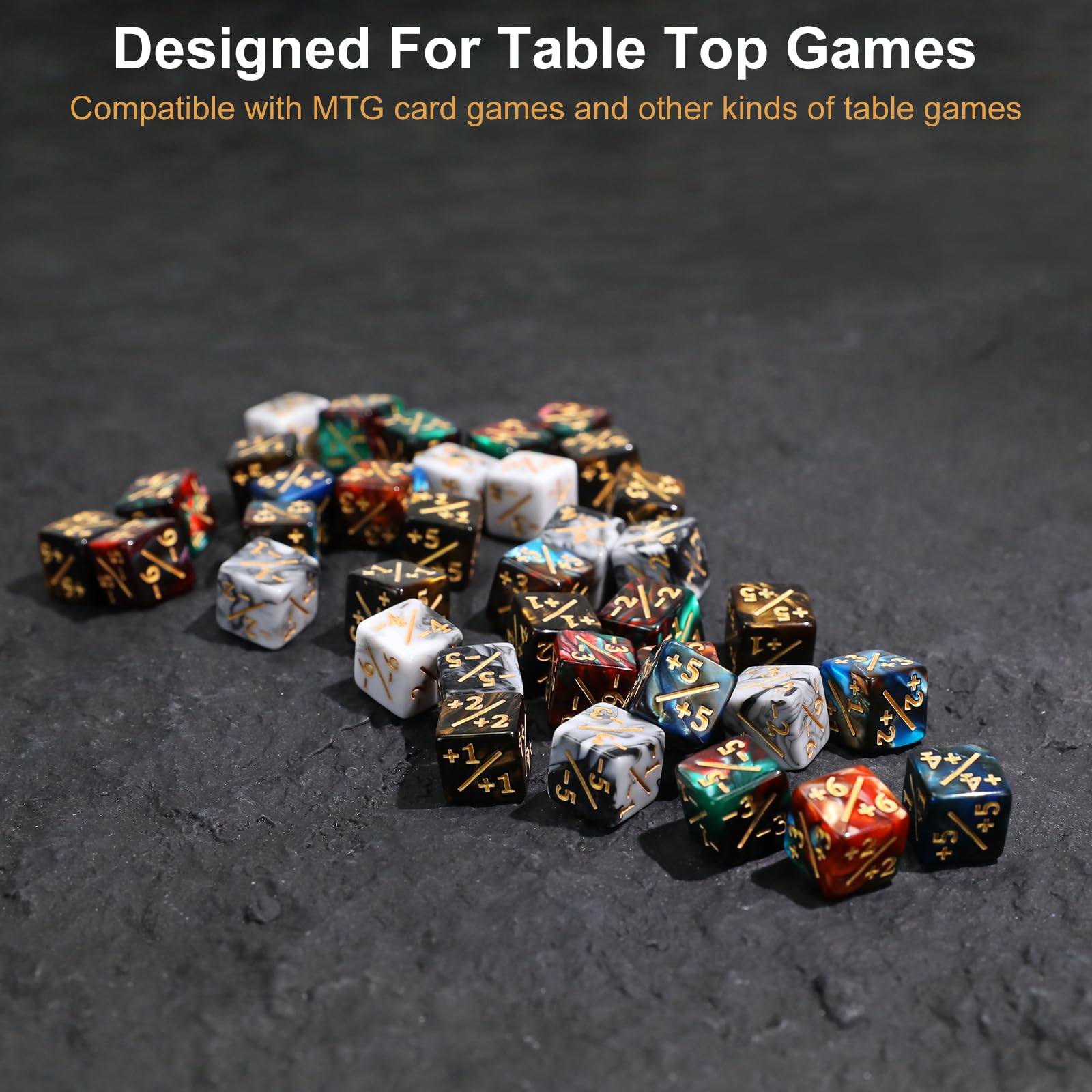 SIXPOINTS 108 Stück 12 mm MTG Zählwürfel +1/+1 Spielsteine, 6-seitige Würfel & MTG-Schlüsselwortzähler für Magic The Gathering, MTG, TCG, Kartenspiel-Zubehör (4 Farbwürfel #F + MTG-Schlüsselwortzähler