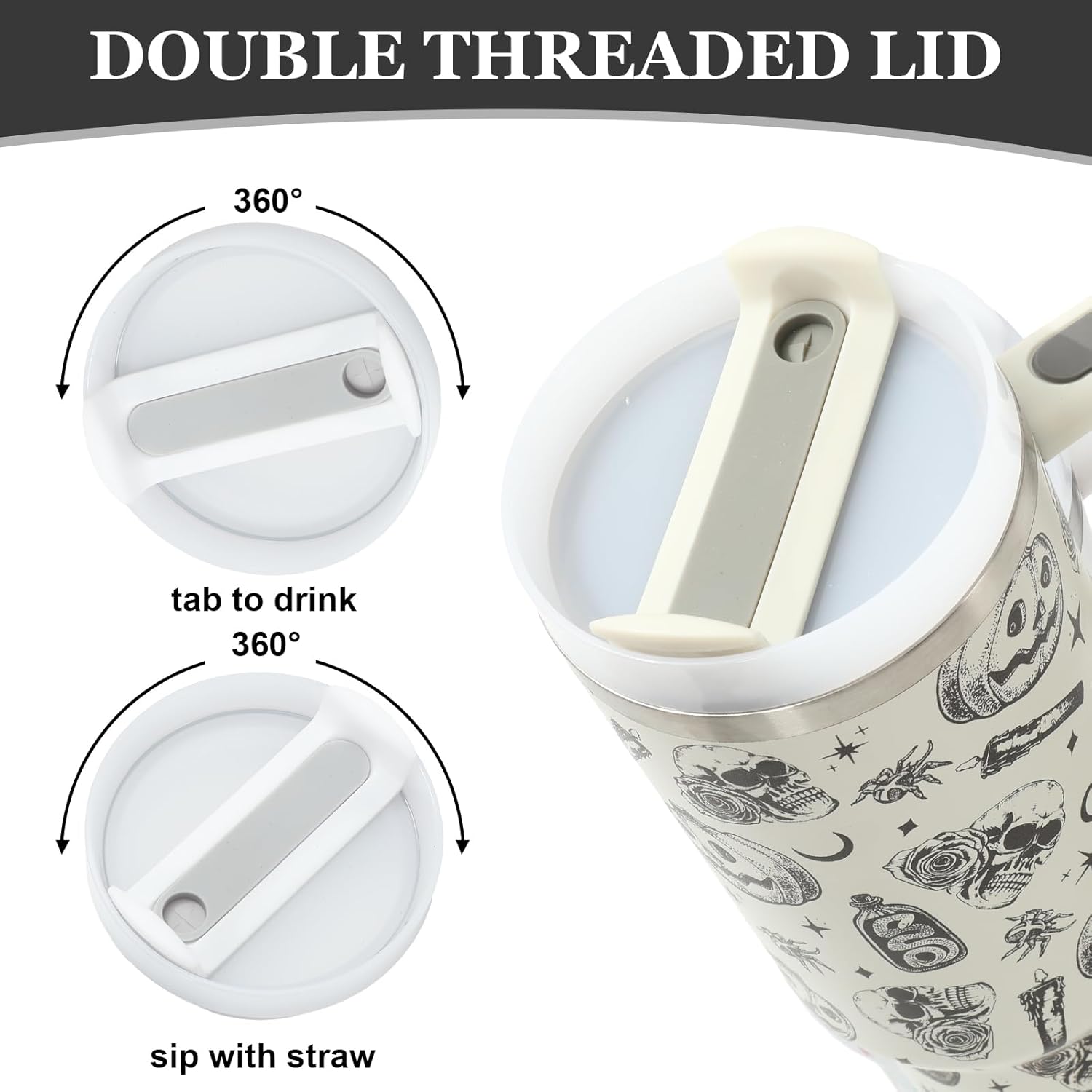 JarThenaAMCS Halloween Tumbler with Handle 40oz Pumpkin Skull Crow Tumbler with Lid Straw Black Beige Spooky Stainless Steel Cup for Home Office Travel - Image 3