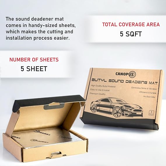 CANOPUS Sound Deadening Mat for Cars 50 mil 5 sqft, Pack of 5 Sheets Butyl Sound Deadener Mat, Audio Car Sound Dampening Material for Car Trunk, Door, Floor, Ceiling, Silver